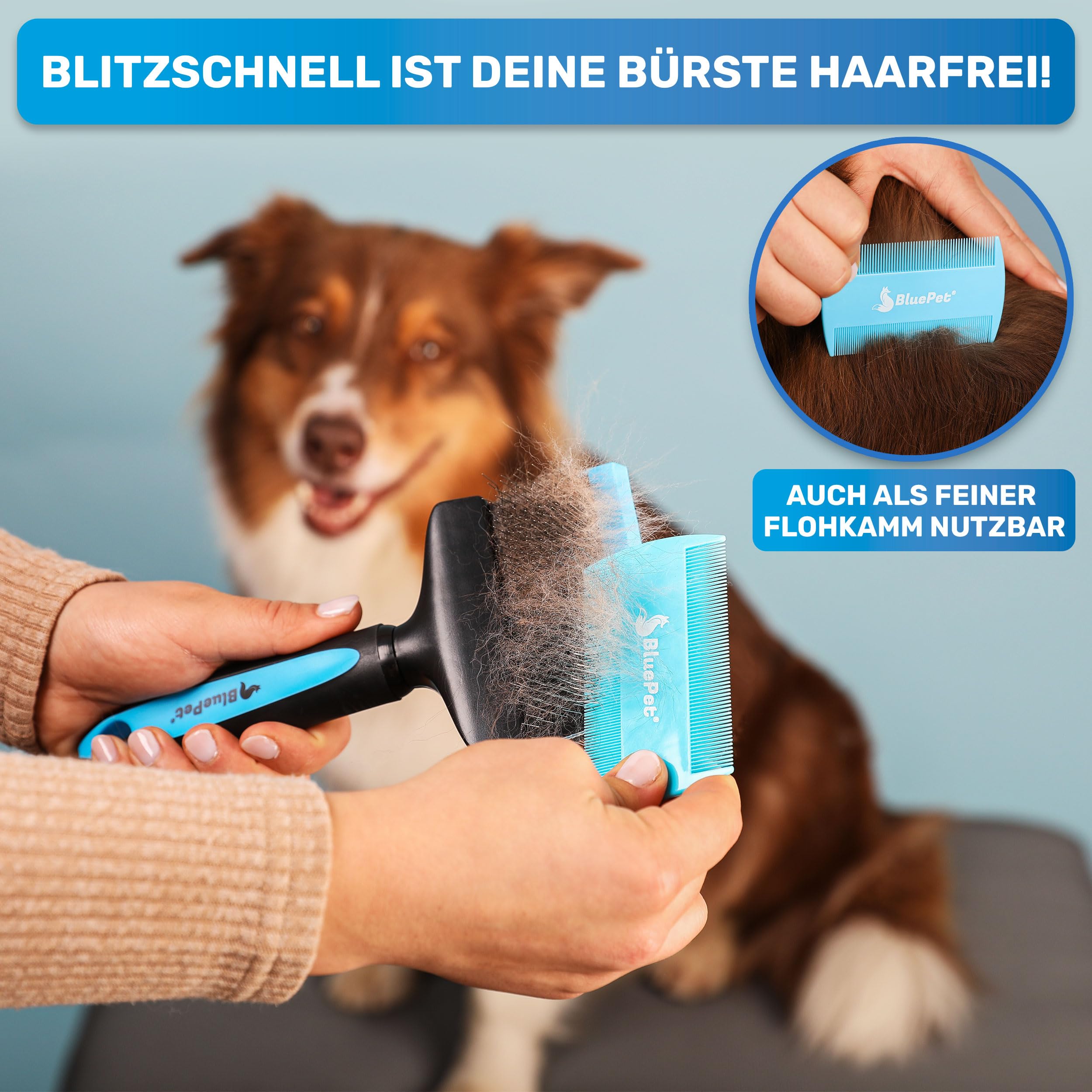 BluePet ZupfZeug Pro Professionelle Hundebürste Langhaar, Flexible Zupfbürste für Hunde & Katzen I Entfernt sanft Unterwolle, Verfilzungen & Knoten (Doppelkopf Blau)