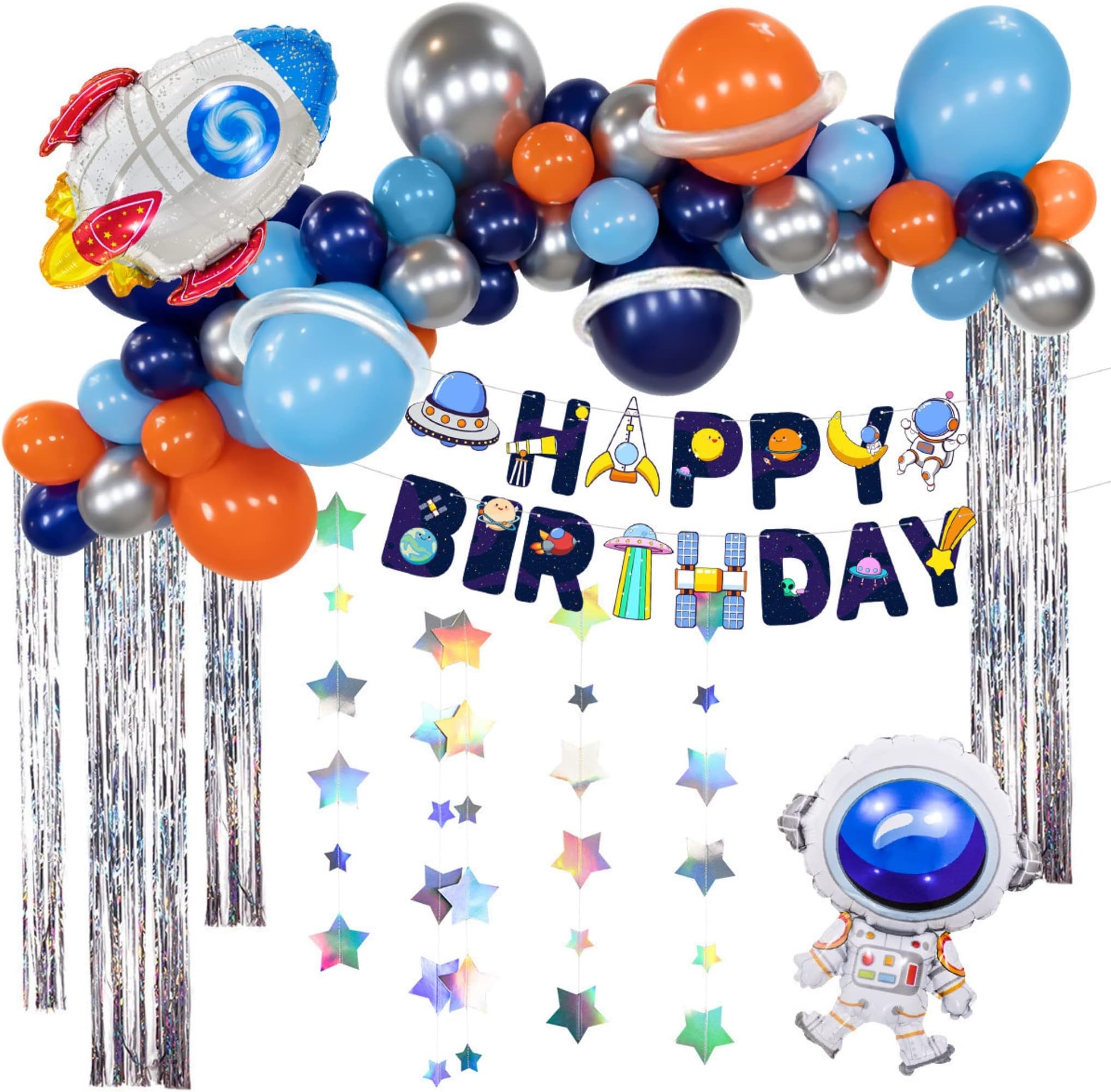 Party with Emma DIY Outer Space Astronaut Balloon Set Party Decorations Solar System Birthday Supplies Universe Space Moon Happy Birthday Banner for Astronaut Theme (Style A)