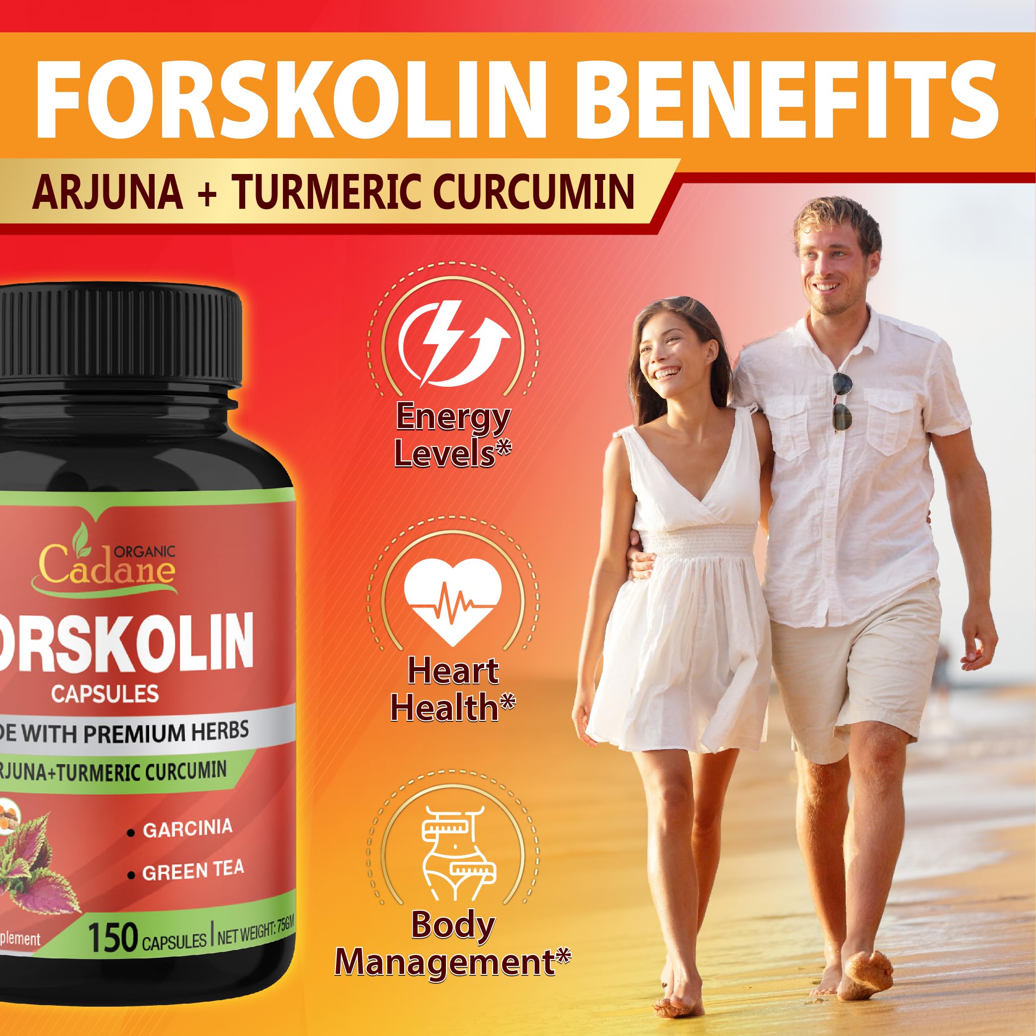 Cadane Forskolin Supplements - 5in1 with Turmeric Curcumin, Arjuna, Garcinia Cambogia, and Green Tea - 5 Month Supply - 150 Capsules — Amazon image 4