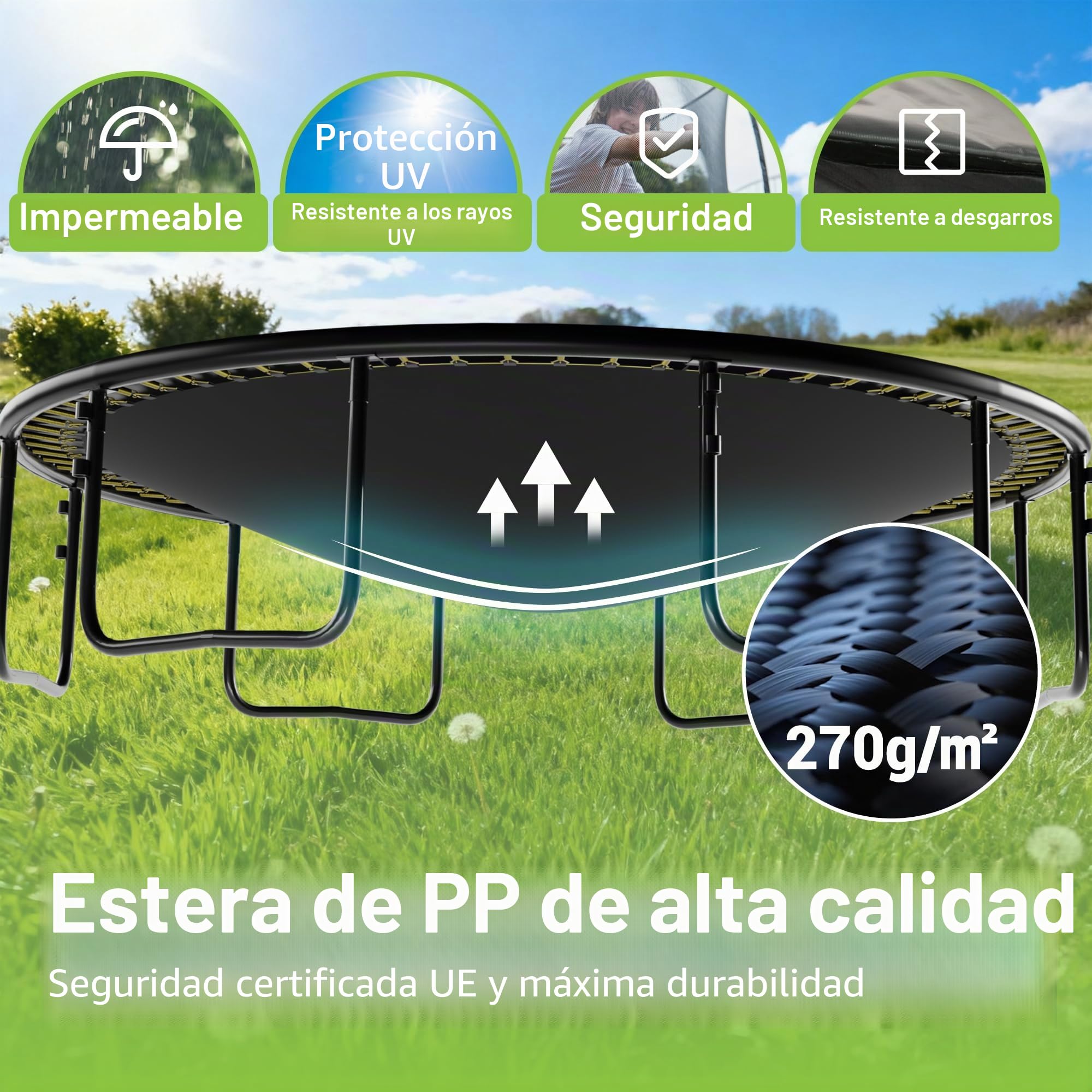 LeJump Cama Elástica Exterior de 235/305/366 cm, Cama Elástica de Jardín para Niños con Red de Seguridad Alta y Escalera, Camas Elásticas Certificadas GS, Capacidad Máxima 100/150 kg