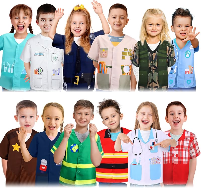 12 Pcs Kids Role Play Dress up Clothes Community Helper Career Costumes for Toddler Pretend Play Firefighters Police Doctors Nurse Halloween Costume Cosplay Set for Kids over Age 6