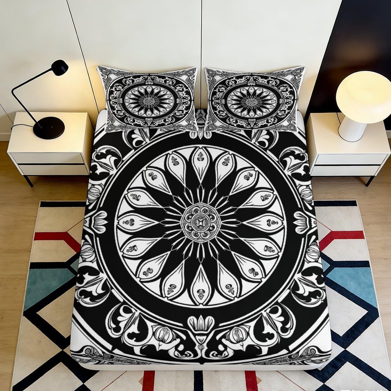 Jqzkxnhpbr Style-4 3D Printed Mandala Flower Fitted Sheet Microfiber Soft Black White Ethnic Sun Mattress Cover Bedroom Decor 90X200x25cm