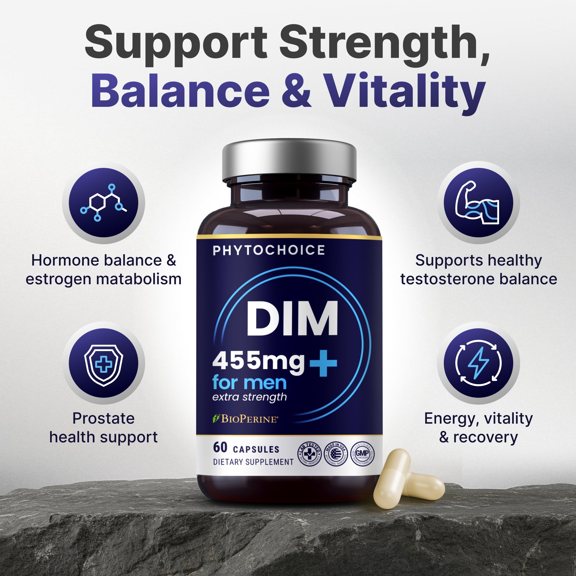 DIM for Men 350mg High Potency with BioPerine® & Broccoli Extract – 455mg Total Complex for Estrogen Balance & Hormone Optimization, Advanced DIM Supplement for Men, Clean Absorption Formula, 60 Caps — Amazon image 2