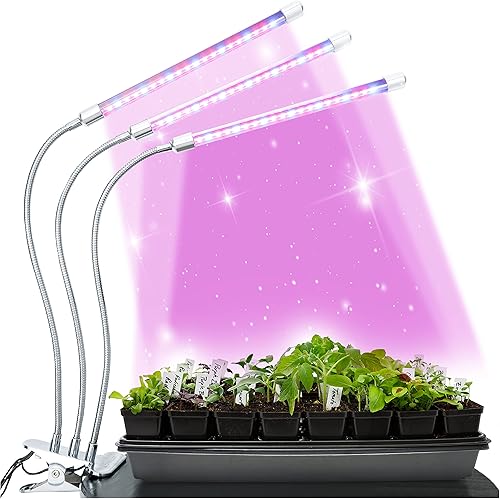 BriteLabs Luces LED de crecimiento para plantas y semillas de interior triple cabeza de plantas con 60 bombillas de espectro completo temporizador