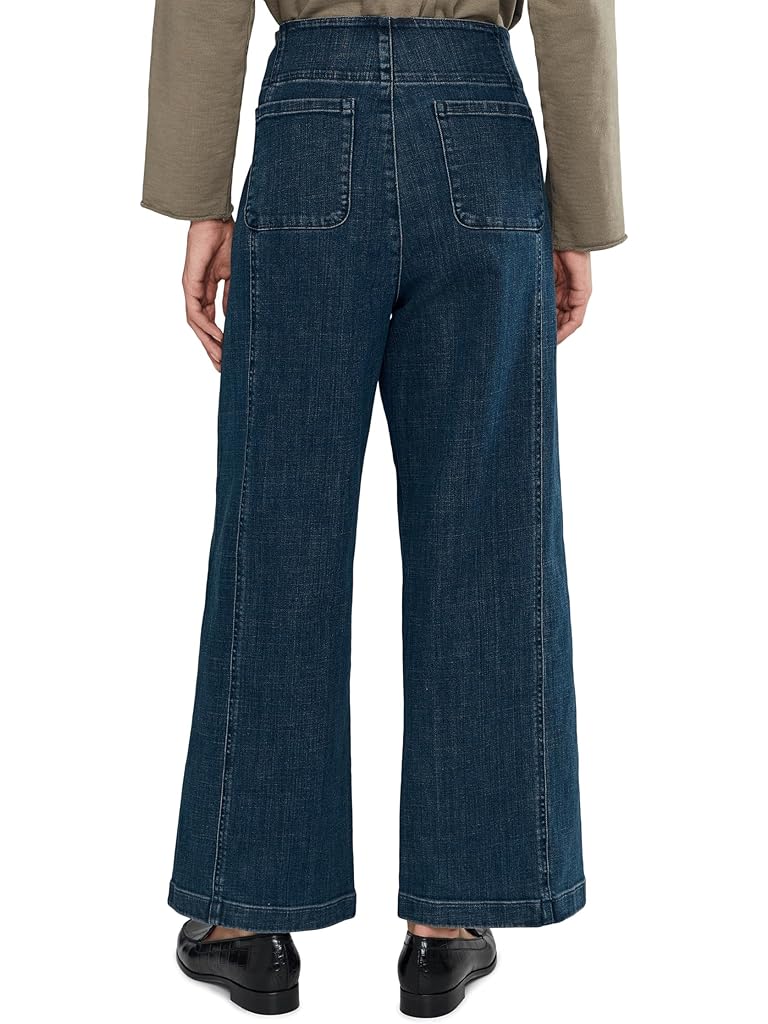 Navy Eileen Fisher Petite Cotton Stretch Denim Full Length Wide Pants