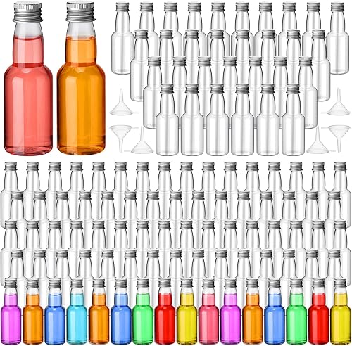 Miniatura 8 de 120 botellas pequeñas de licor herméticas, botellas vacías de plástico con embudos para recuerdos de fiesta, bodas (3.3 onzas, dorado)