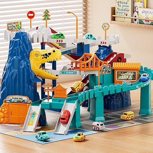 Miniatura 2 de Juego de pista de carreras de dinosaurios para niños de 3 a 5 años, juego de pista de coche de escalada de dinosaurios con 10 mini autos de carrera,