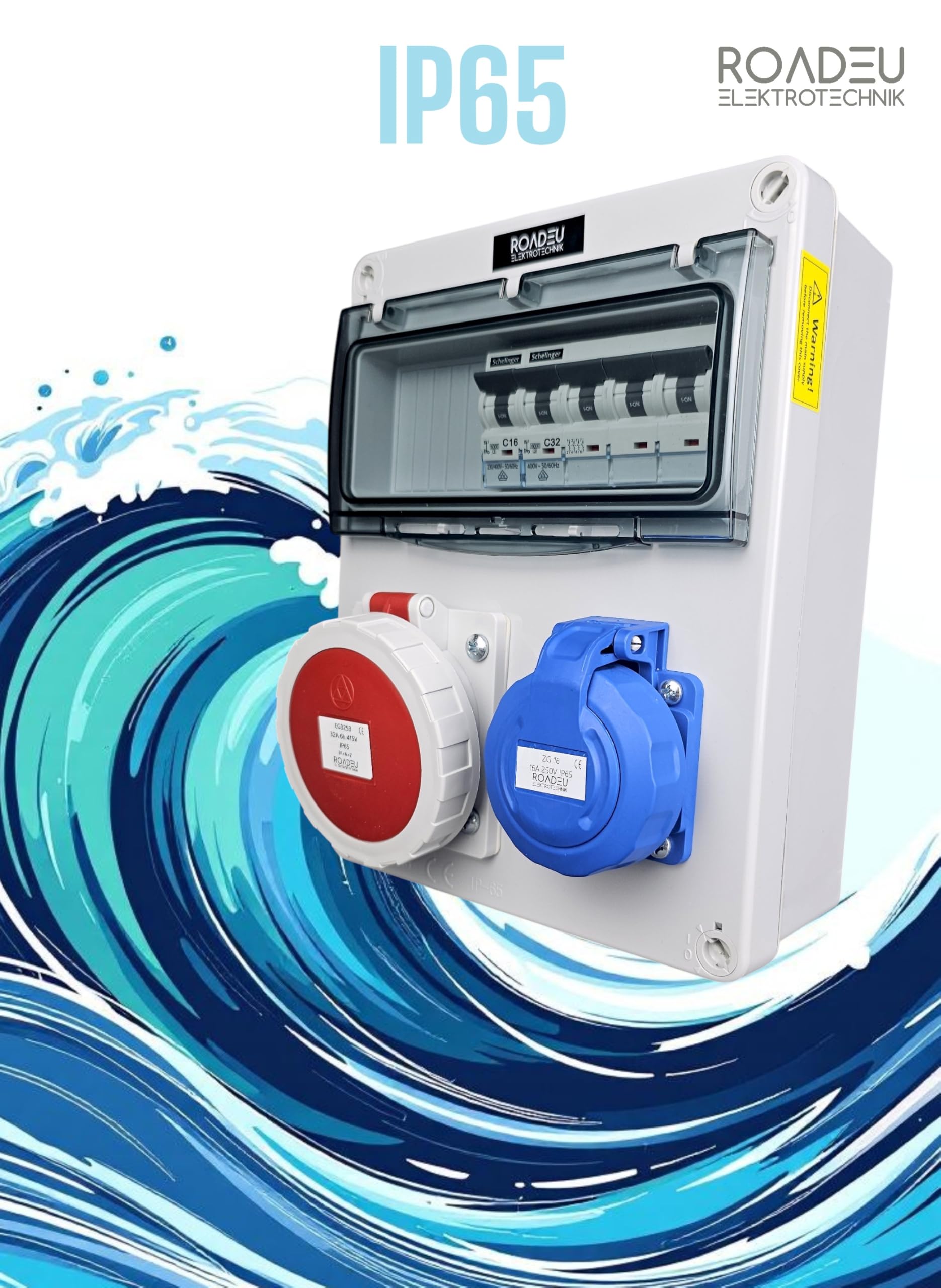 RoadEu Coffret de distribution IP65 CEE 32A 5P 400V & prise 230V 2P+T, coffret mural avec disjoncteurs C32A 4P + C16A 2P, prises à couvercle vissé
