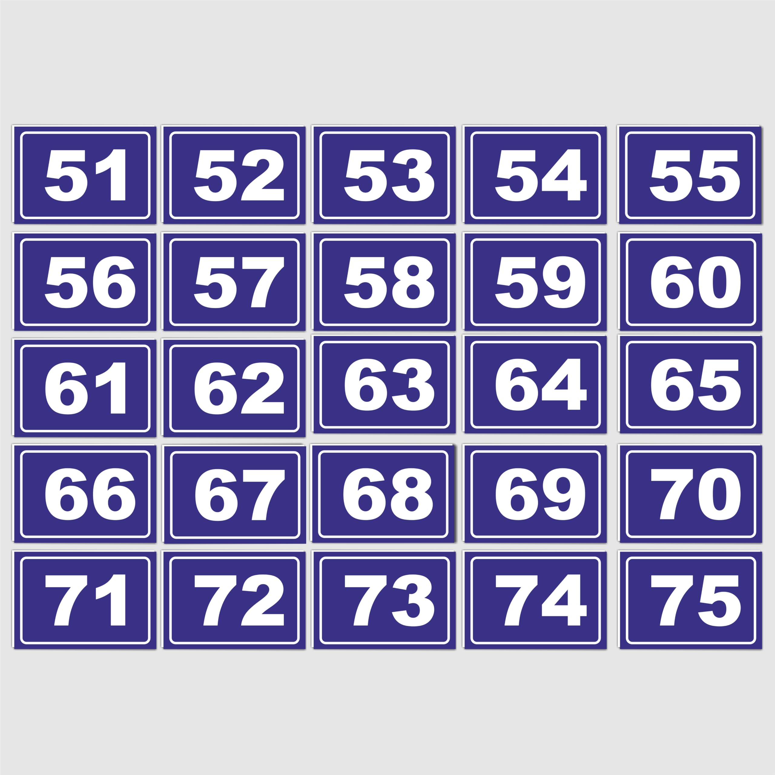 ATTRACTSO - 51 to 75 Number plates use for School Banch | Employees Tables | Mandir | Room l Seat | Library Rack | Material Vinyl with 3mm sunboard (Size 5"*3.5")