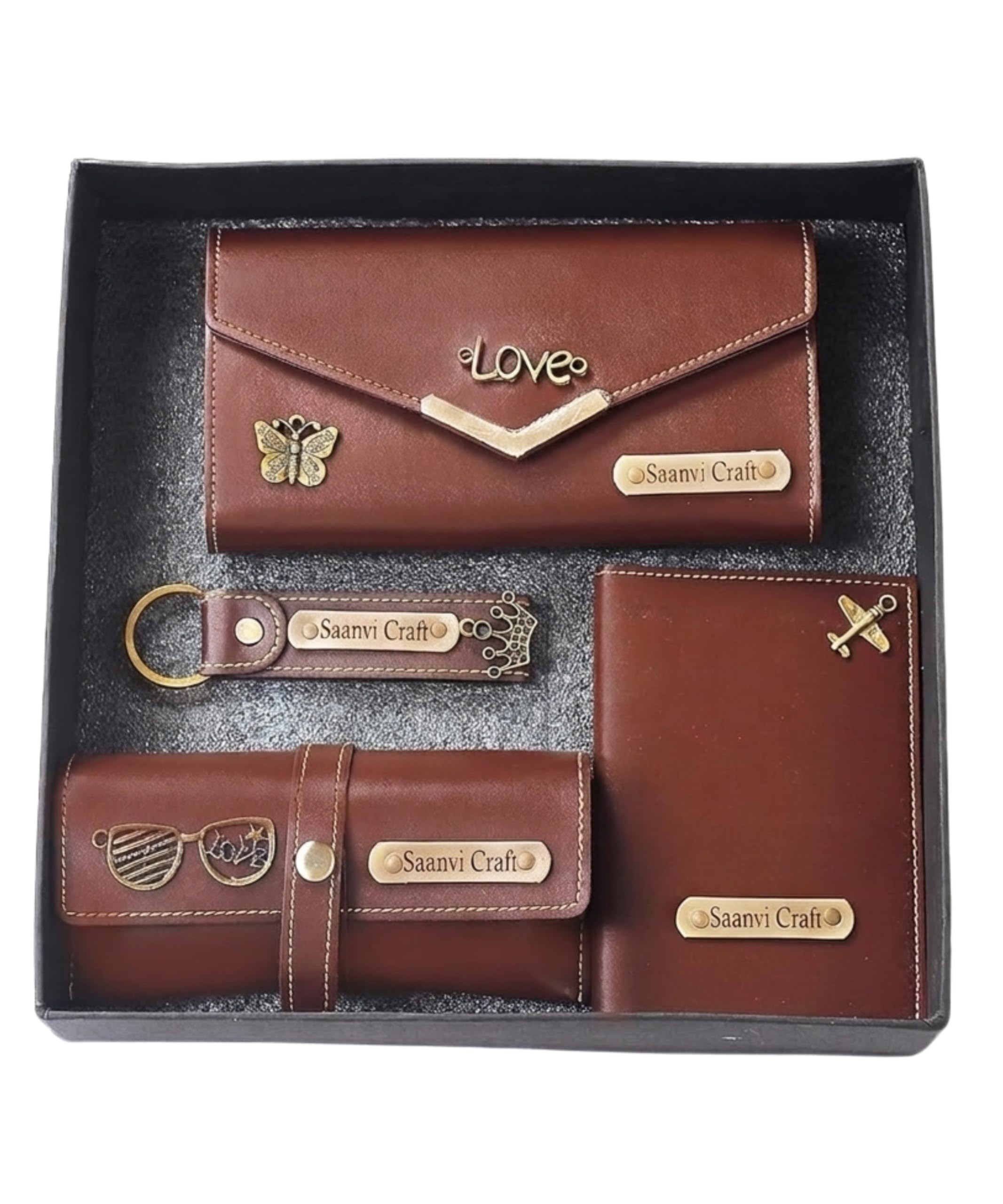 Saanvi Crafts Personalized 4 in 1 Ladies Purse/Clutch, Passport Cover with Eye Wear Case, and Metal Keychain Combo - Unisex Combo Accessories, Return Gifts, Birthday Gifts (Brown)-image-30