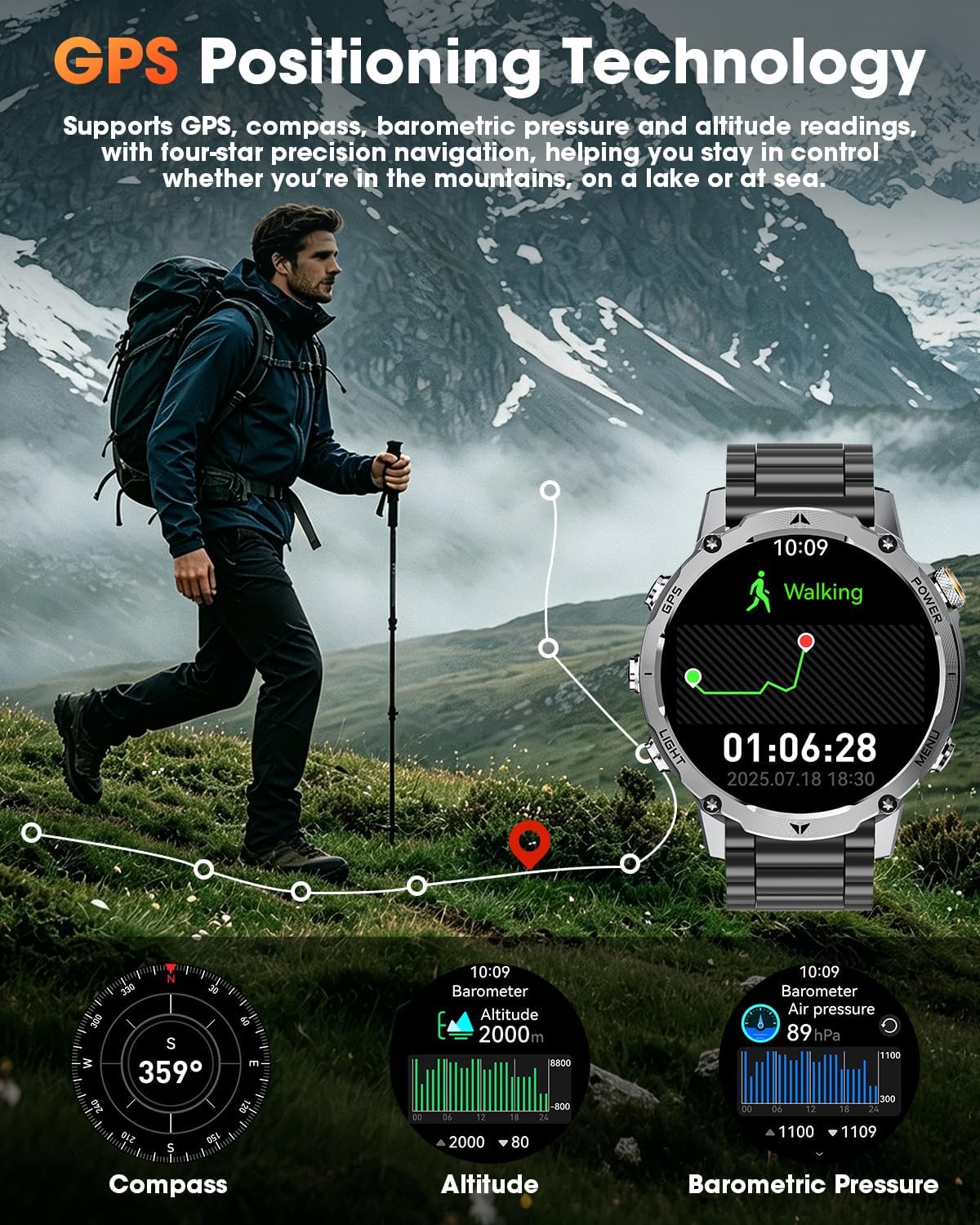 GPS Smart Watch for Men, 100-Day Battery, Bluetooth Call with Flashlight