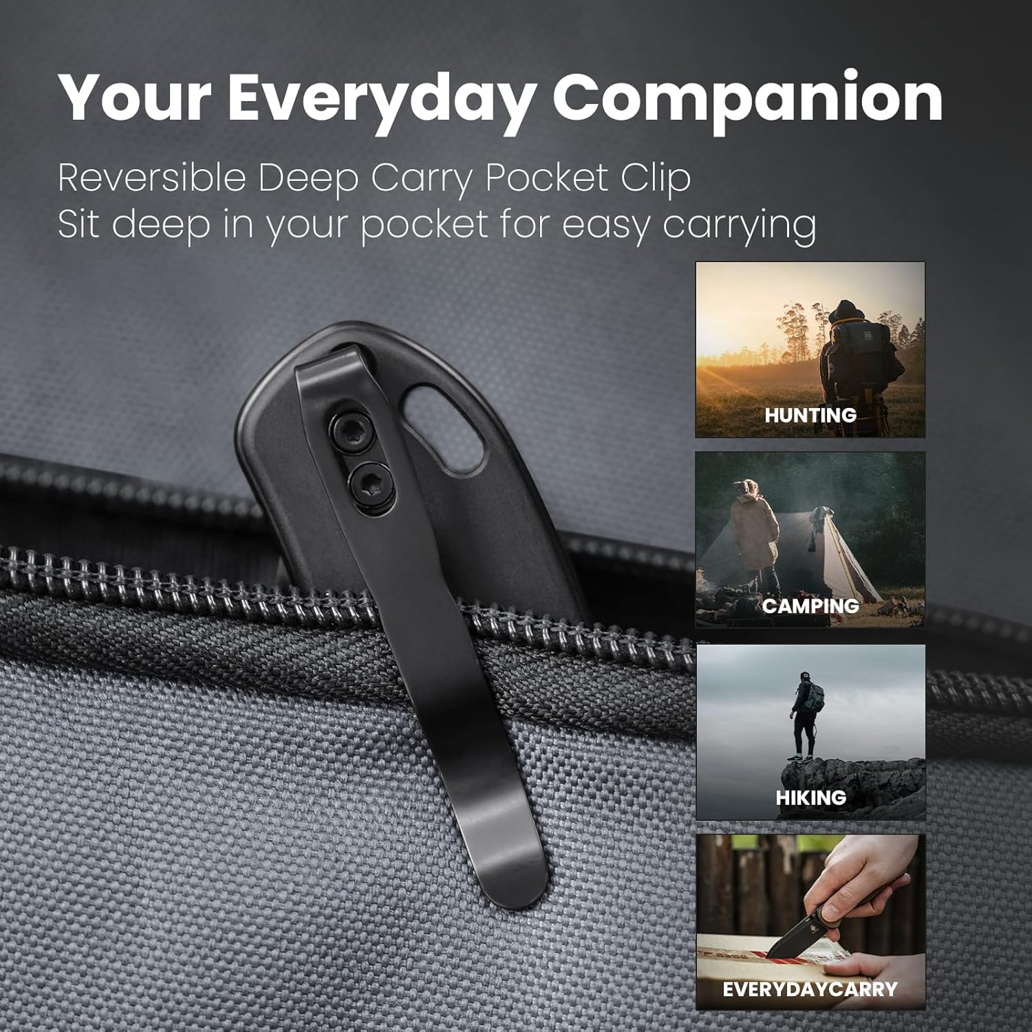 Kizer Drop Bear with a reversible deep carry pocket clip, shown in various outdoor and everyday carry scenarios.