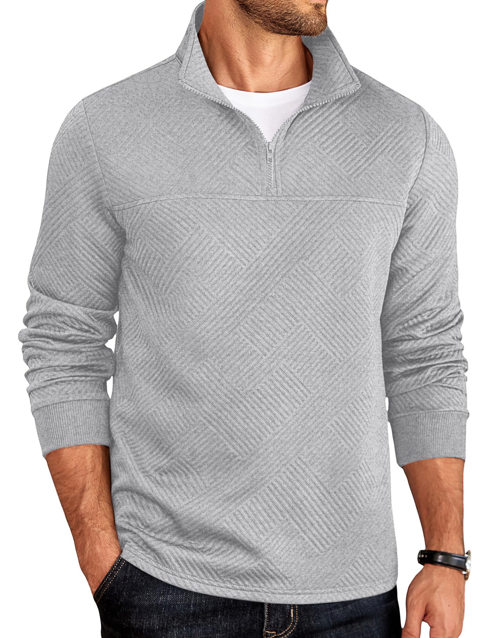 COOFANDY Men's Quarter Zip Pullover Lightweight Mock Neck Sweatshirt Long Sleeve Casual Textured Polo Shirts