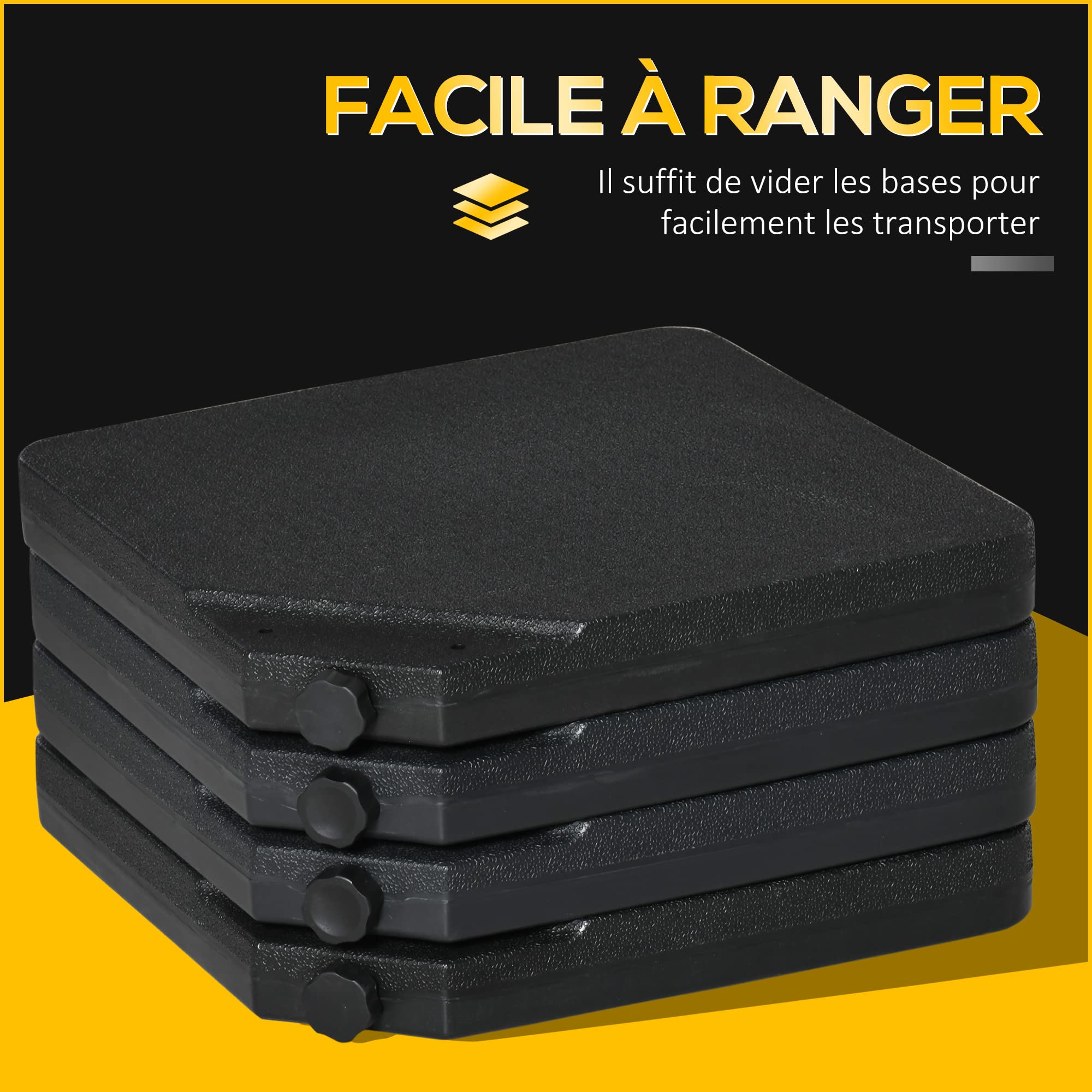 Outsunny Lestages pour parasols Dalles de Parasol 4 plaques HDPE - A remplir d'eau ou de Sable jusqu'à 60/70 kg - dim. 100 x 100 x 6,8 cm Noir
