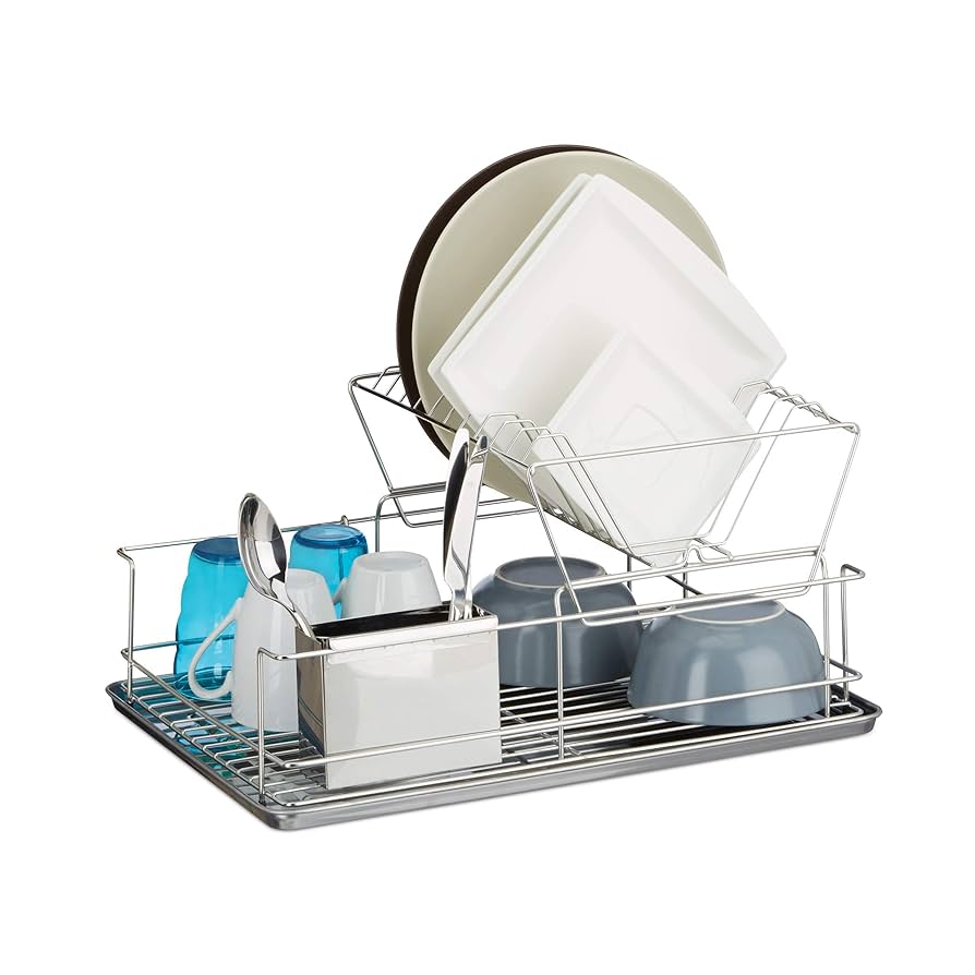Relaxdays Escurreplatos, Acero Inoxidable, Rejilla Y Bandeja Magntica 405 X 305 X 13 Cm Incluye Cesta Para Cubiertos Para Lavavajillas 49825621
