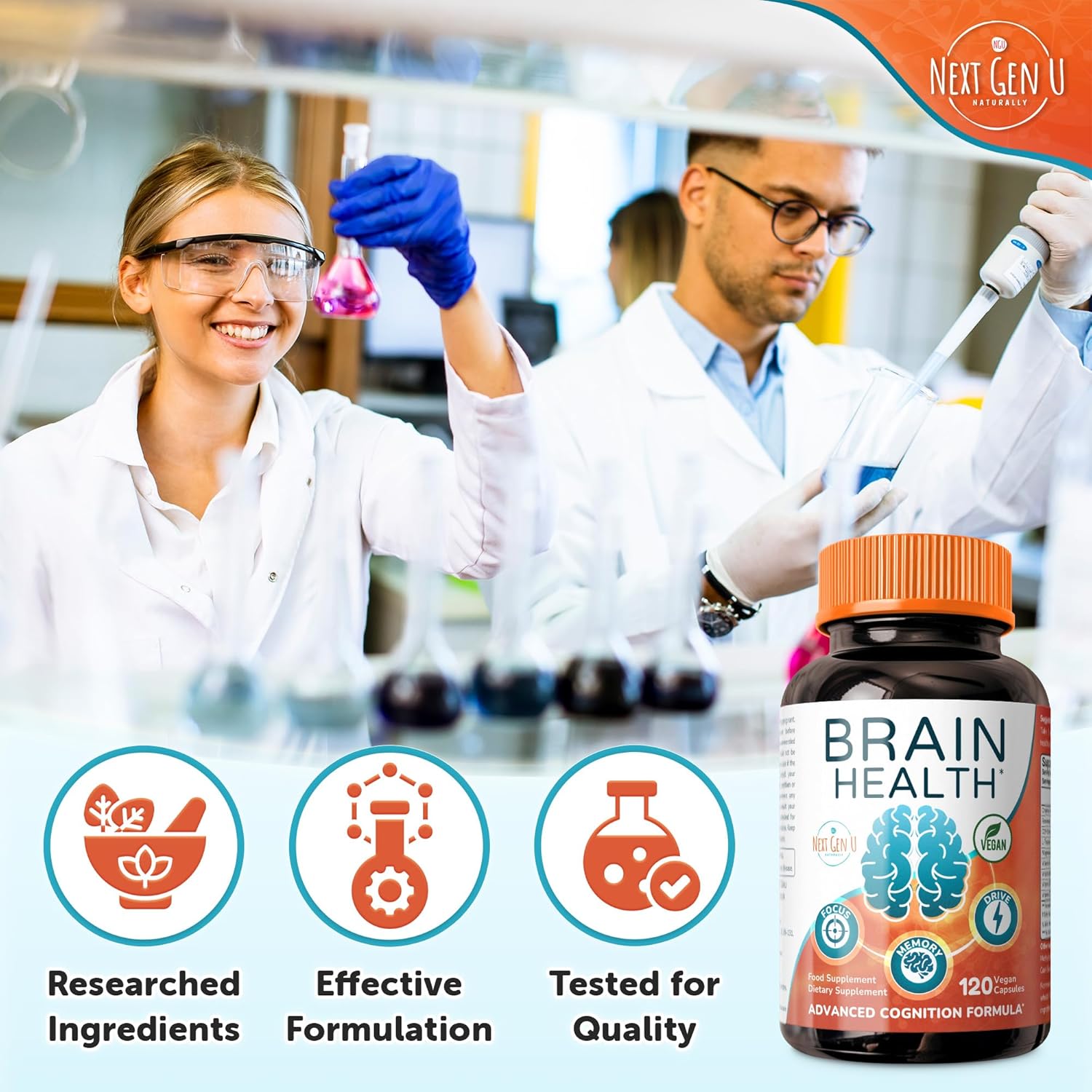 Brain Supplement - 120 Vegan Capsules - Dietary Nootropic May Help Memory, Cognitive Function & Focus - Formulation with Amino Acids, Polyphenols & B Vitamins - for Women, Men & Seniors - by NextGenU