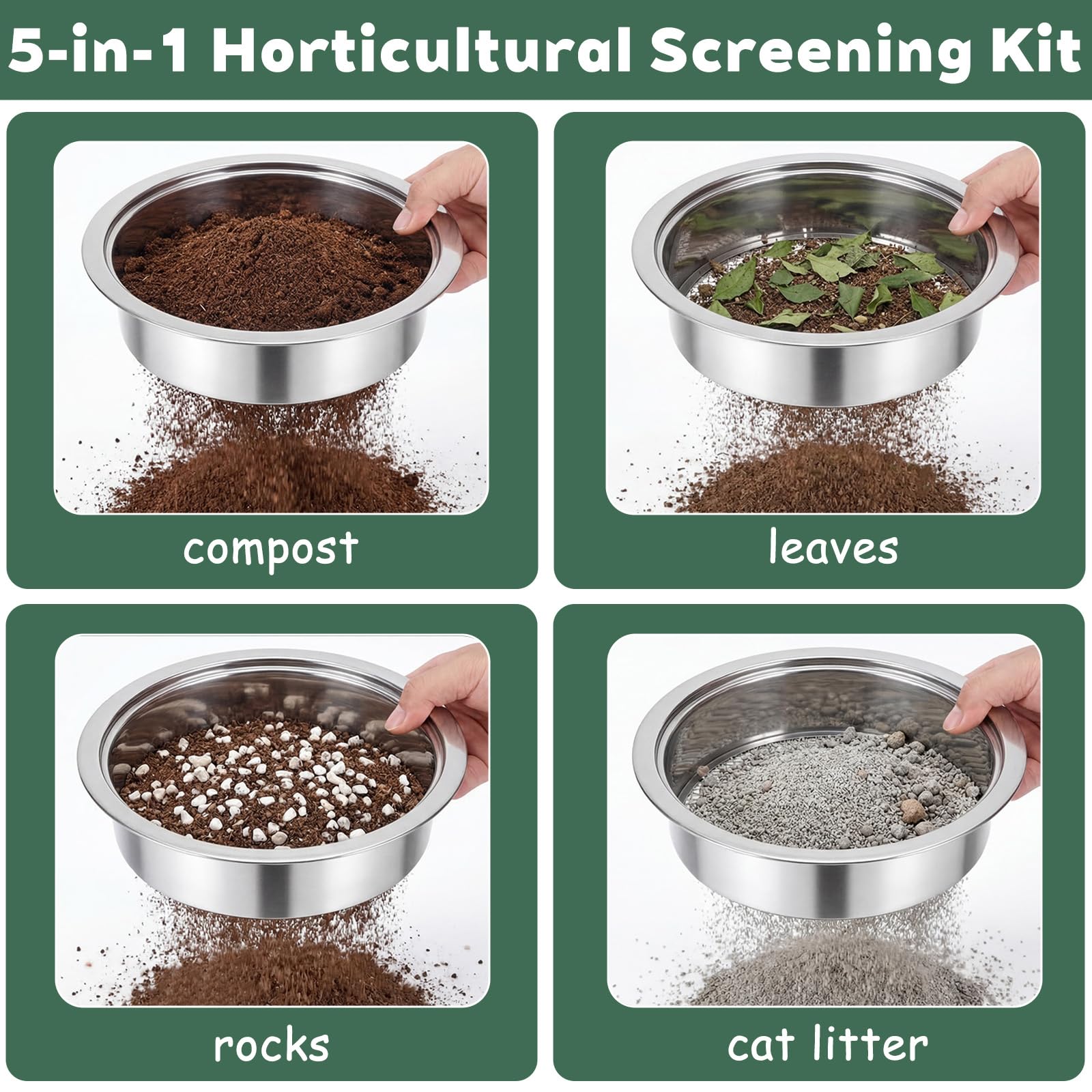 5-en-1 Tamis de Jardinage en Acier Inoxydable,Tamis à Sable avec Mailles Ø 1, 3, 6, 9 et 12 mm,Inclut 1 Pelle à Main pour Terre, Pierres, Compost, Mauvaises Herbes, Sable, Gravier et Graines