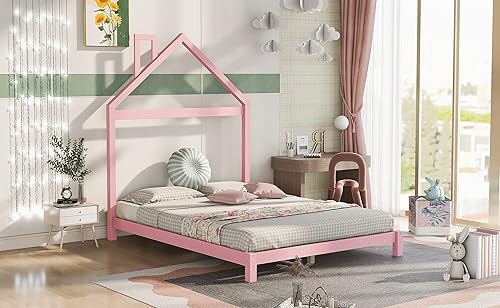 Miniatura 81 de Cama de plataforma de madera de tamaño individual con cabecero y cercas en forma de casa, sin rejas, cama de piso para dormitorio de niños