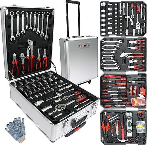 Caja de herramientas con 889pcs herramientas,Juego de herramientas para el hogar con caja de aluminio de la carretilla, kit de herramientas de