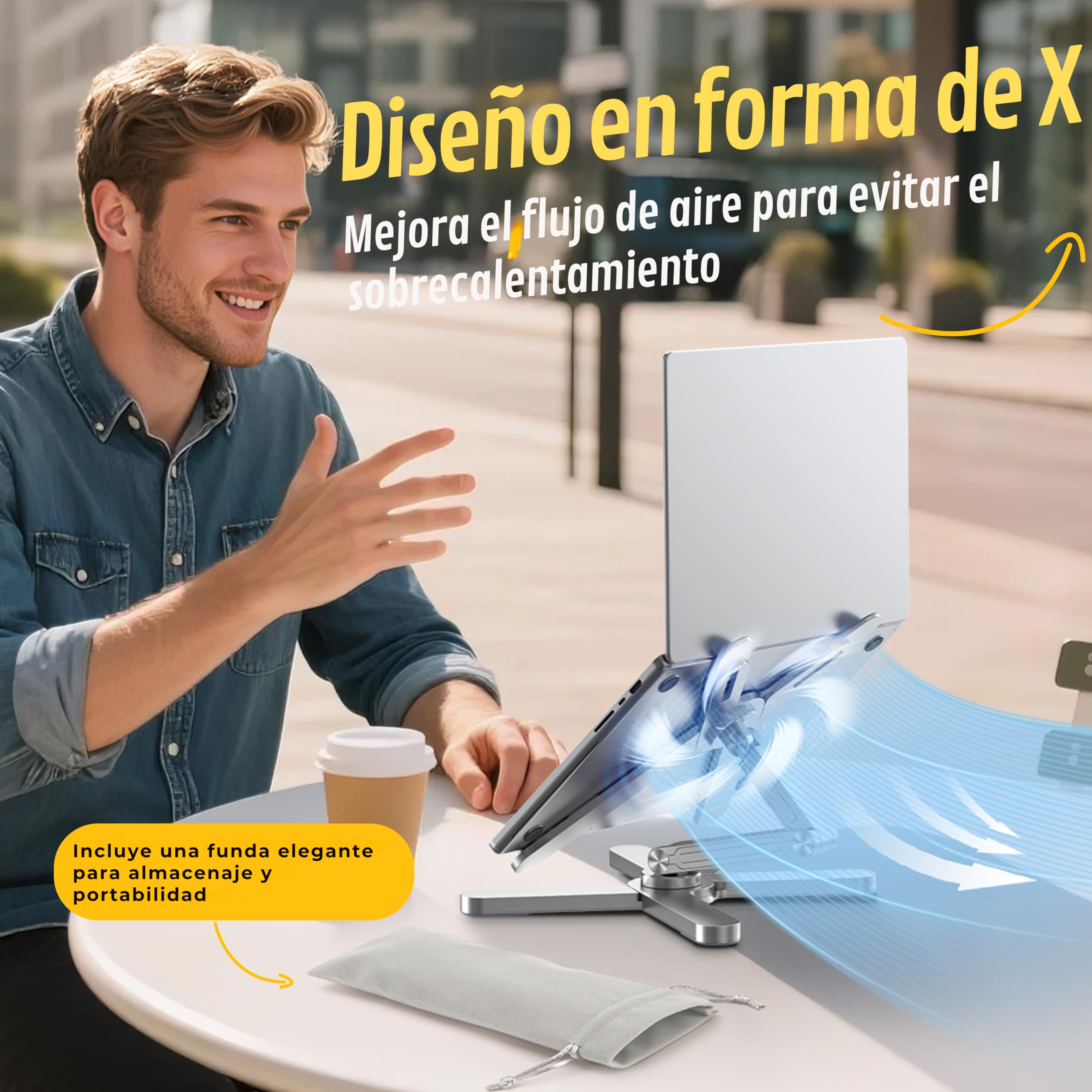 FoldWise X Soporte para Portátil de Escritorio 100% Aluminio, Base Giratoria 360°, Plegable, Altura y Ángulos Ajustables Elevador de Portátil Robusto y Portátil, Compatible con Portátiles de 11 a 18”