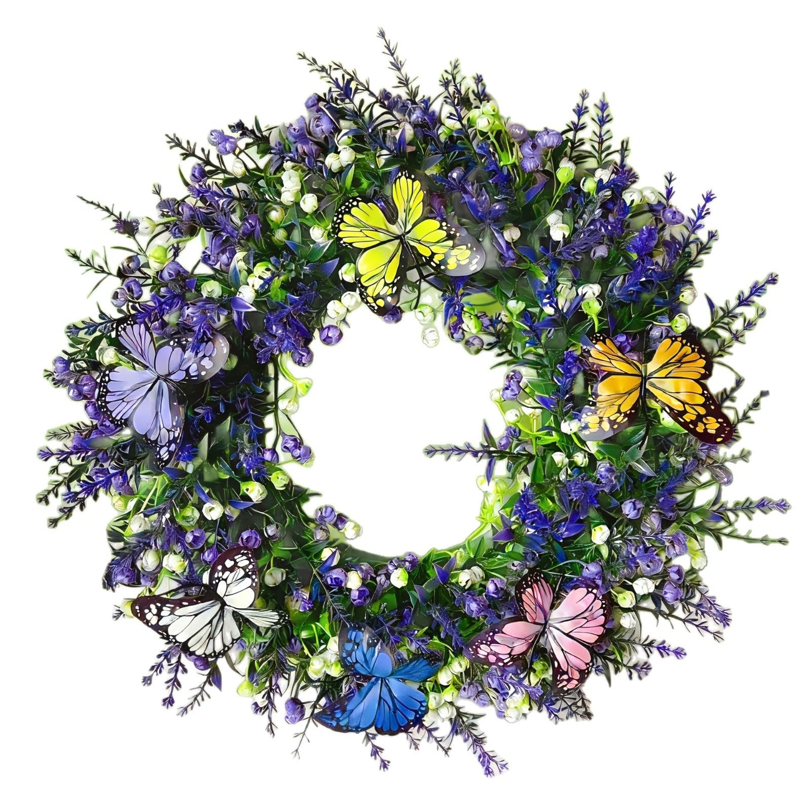 Lifelike Artificial Lavender Butterfly Wreath – Handmade Floral Garland with Vivid Butterflies & Faux Flowers, Spring Door Wreath for Indoor & Outdoor Home (35.5CM)