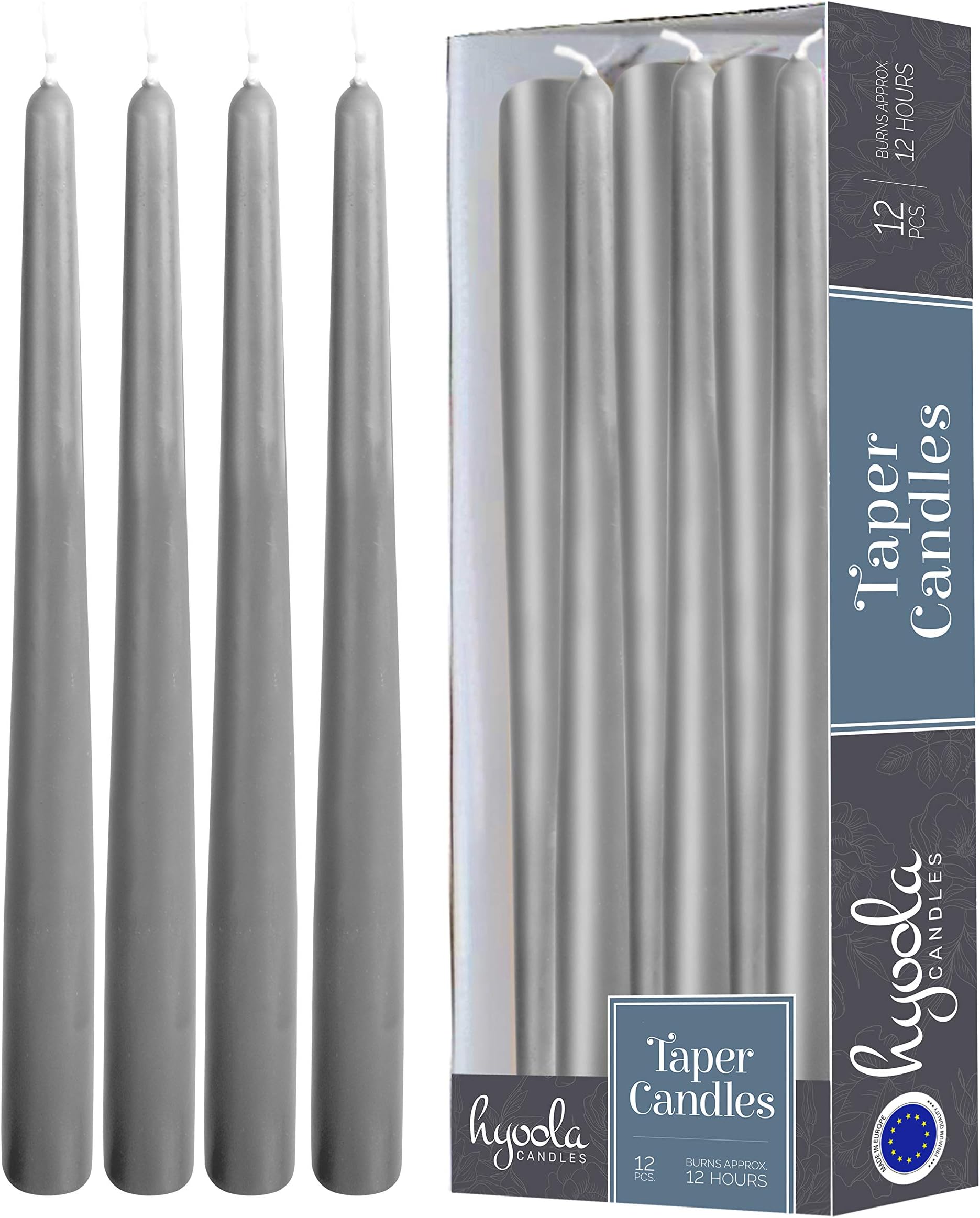 Tall Taper Candles - 14 Inch Dark Grey Dripless, Unscented Dinner Candle - Paraffin Wax with Cotton Wicks - 12 Hour Burn Time (Pack of 12)