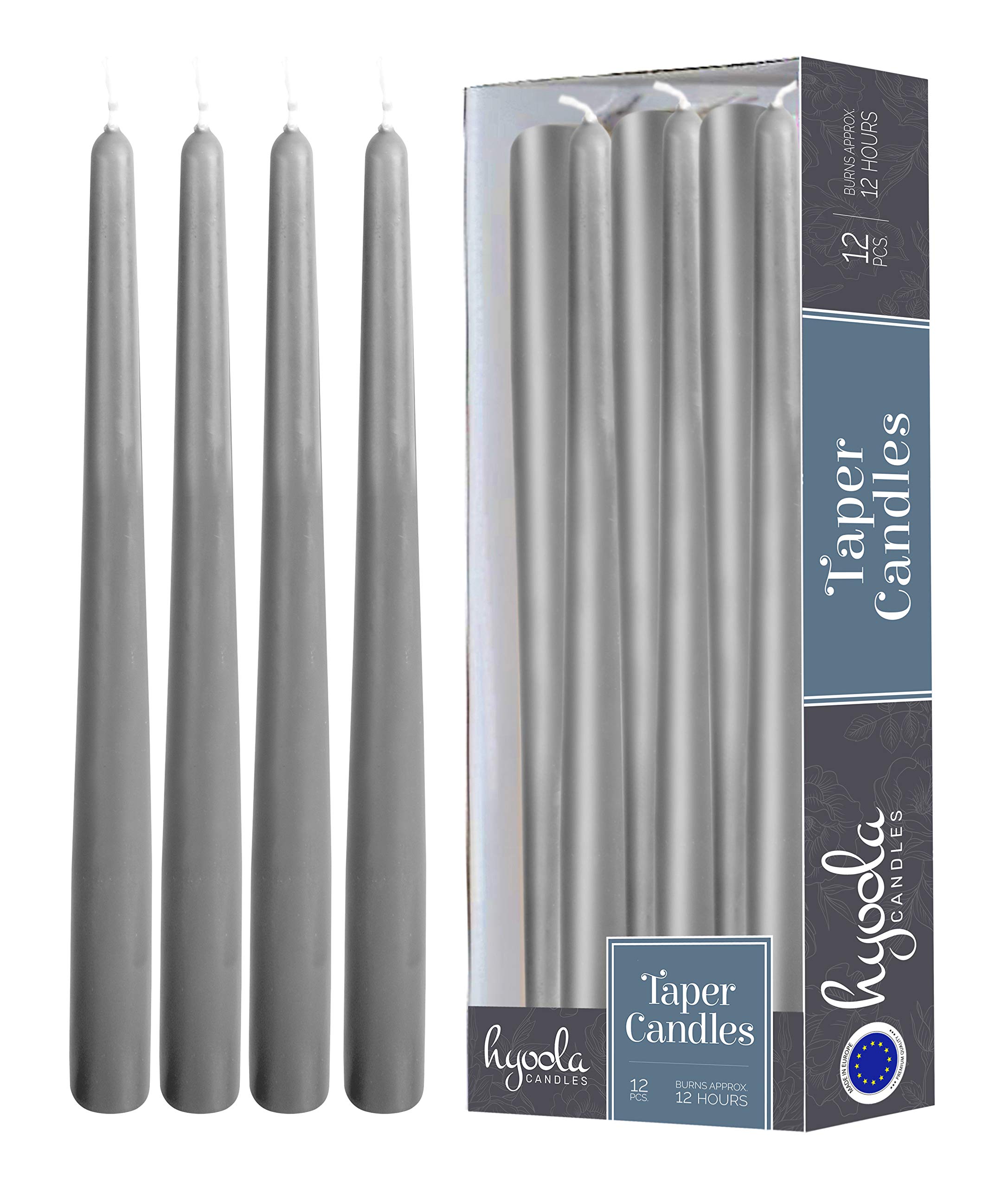 Tall Taper Candles - 14 Inch Dark Grey Dripless, Unscented Dinner Candle - Paraffin Wax with Cotton Wicks - 12 Hour Burn Time (Pack of 12)