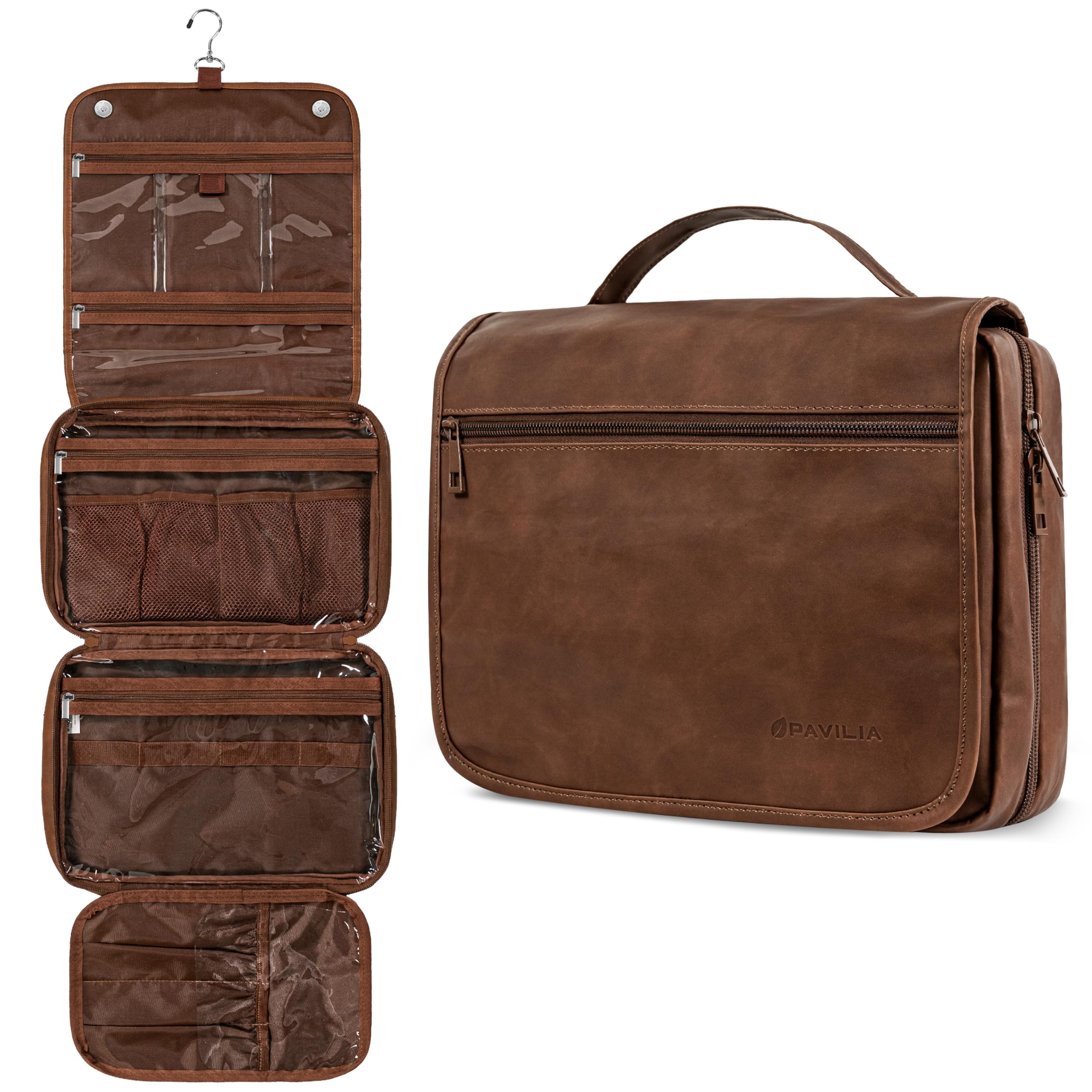 PAVILIA Hanging Toiletry Bag Women Men, Foldable Cosmetic Organizer Travel Bag, Water Resistant Makeup Bag Toiletries, Large Travel Essentials Kit (Dark Brown)