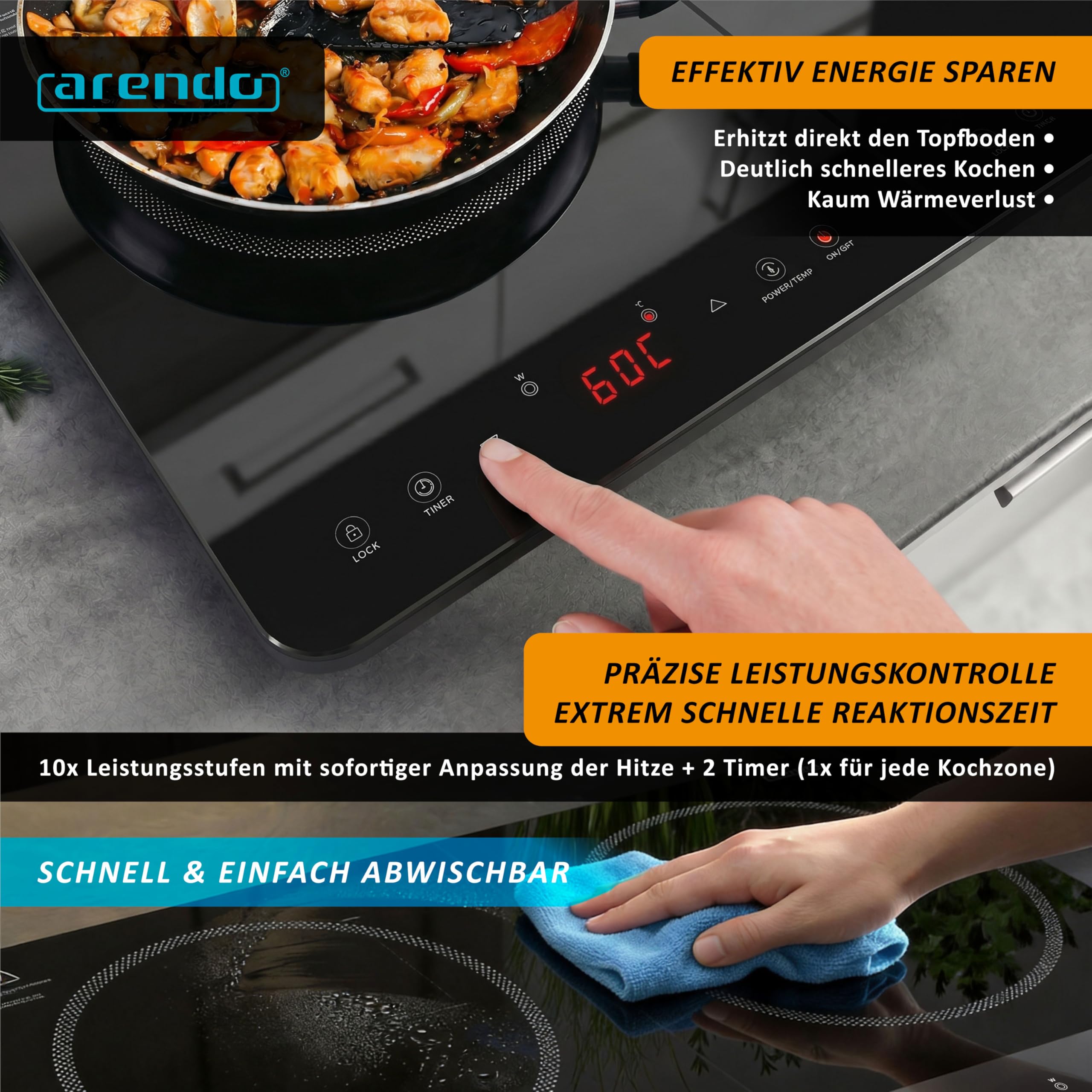 Arendo - Podwójna płyta indukcyjna 3500 W – 2 płyty indukcyjne – 10 ustawień zasilania – czujnik dotykowy panel sterowania – zabezpieczenie przed przegrzaniem – automatyczne rozpoznawanie rozmiaru