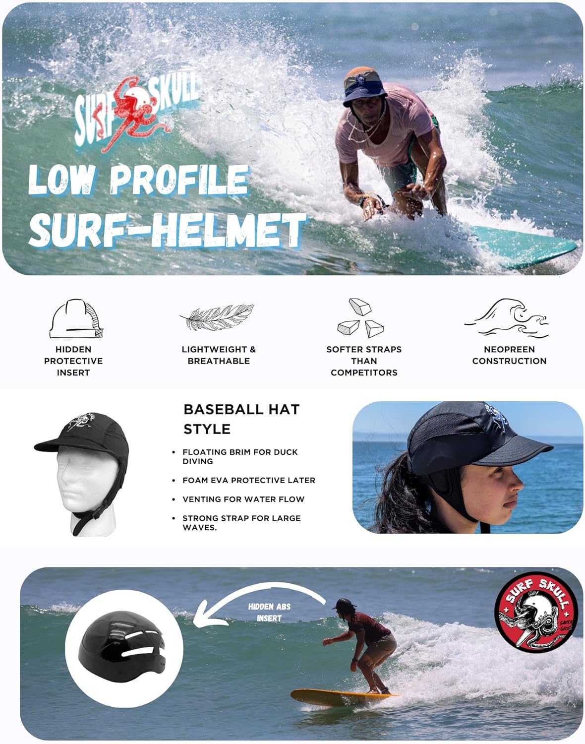 Baseball Style Surf-Helmet, Low Profile