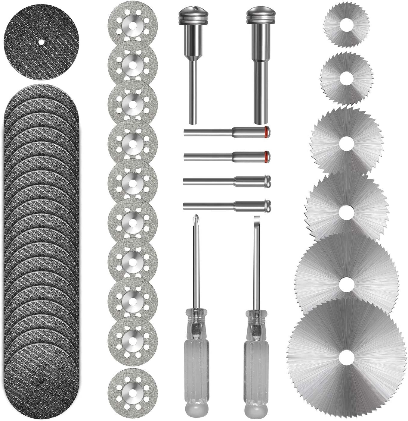 Cutting Wheel Set 36pcs for Rotary Tool, HSS Circular Saw Blades 6pcs, Resin Cutting Discs 20pcs, 545 Diamond Cutting Wheels 10psc with 2 Screwdrivers