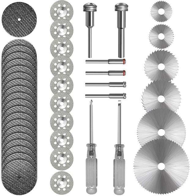 Cutting Wheel Set Compatible with Plastic 36pcs for Rotary Tool, HSS Circular Saw Blades 6pcs, Resin Cutting Discs 20pcs, 545 Diamond Cutting Wheels 10psc with 2 Screwdrivers