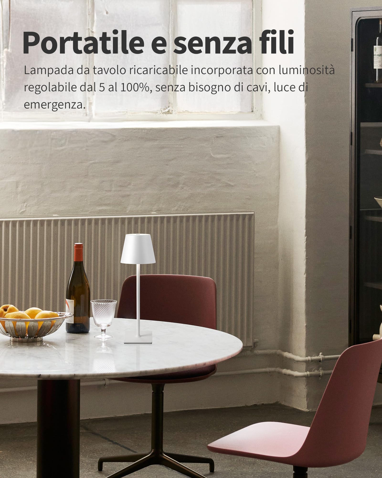 VISDANFO 2 Pezzi Lampada da Tavolo LED Senza Fili, Ricaricabile 5000mAh, Dimmerabile, 2700-6000K, Lampada da Comodino Batteria per Camera da letto, Sala da pranzo, Esterno, Impermeabile (Bianco)