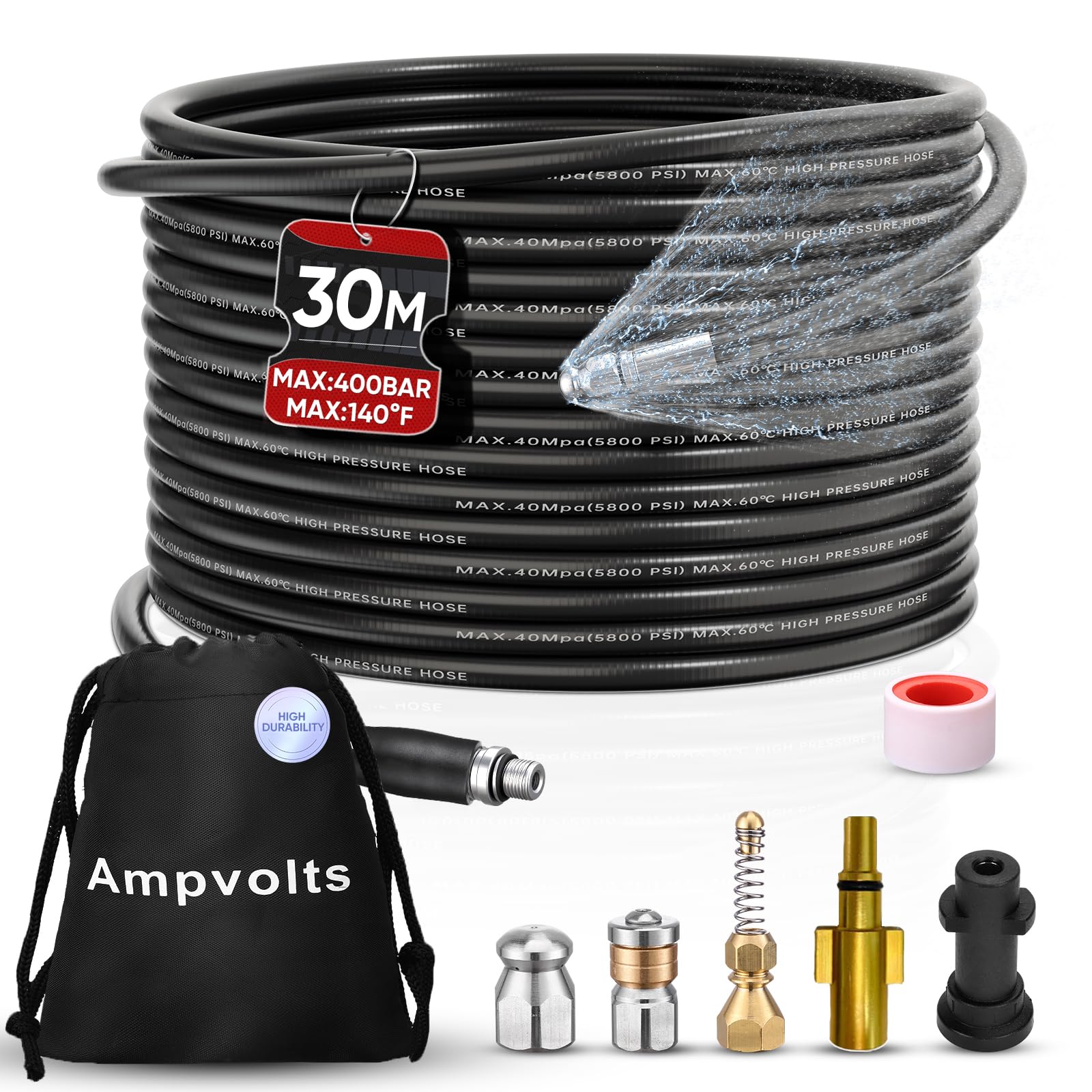 Ampvolts 30M Drain Cleaning Kit – Compatible with Karcher K2–K7 & Bosch AQT, 400 Bar / 5800 PSI Drain Jetting Hose, Includes 2 Adapters & 3 Nozzles, High Pressure Drain Unblocker