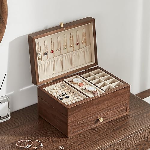 Miniatura 8 de Joyero de madera para mujer, cajones multifuncionales de 3 niveles, caja organizadora de joyas de nogal negro, reloj, collar, anillo, almacenamiento