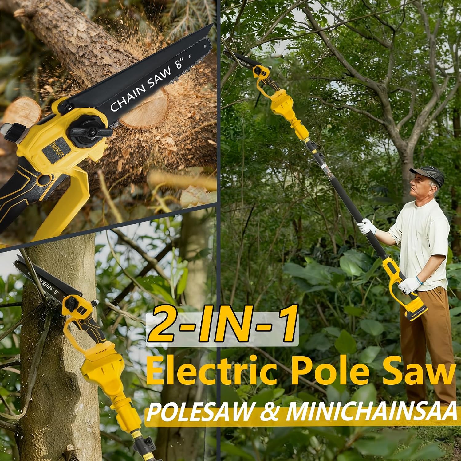 2-IN-1Cordless Electric Pole Saw 8-Inch Pole Saw & Chainsaw for Dewalt 20V Battery Auto Oiling 14.8 FT Max Reach with Extension Pole Electric Pole Saws for Tree Trimming & Branch Cutting (No Battery)