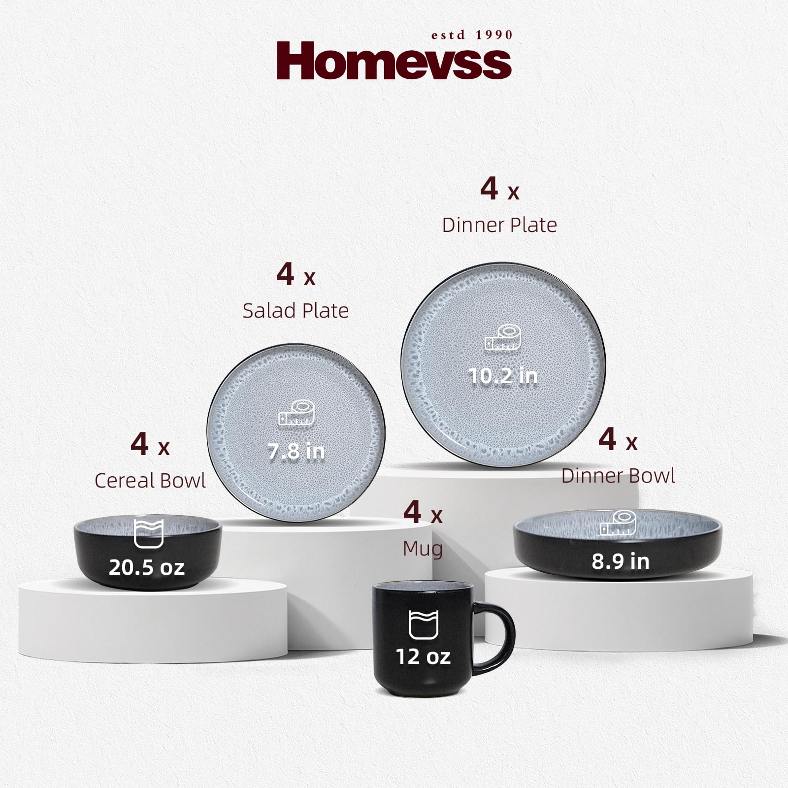 HomeVSS Ensemble de vaisselle 20 pièces - Pour 4 personnes, ensemble d'assiettes et de bols à glaçure réactive Bubble Frost | Ensemble de vaisselle allant au micro-ondes et au lave-vaisselle