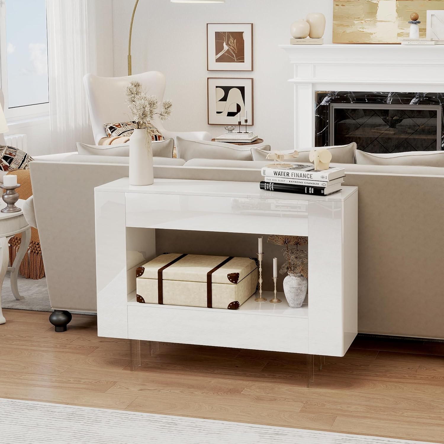 High Gloss Console Table with Hidden Side Storage Cabinets, Adjustable Shelves, Modern Entryway Sofa Table for Behind The Couch, Living Room, Hallway, White