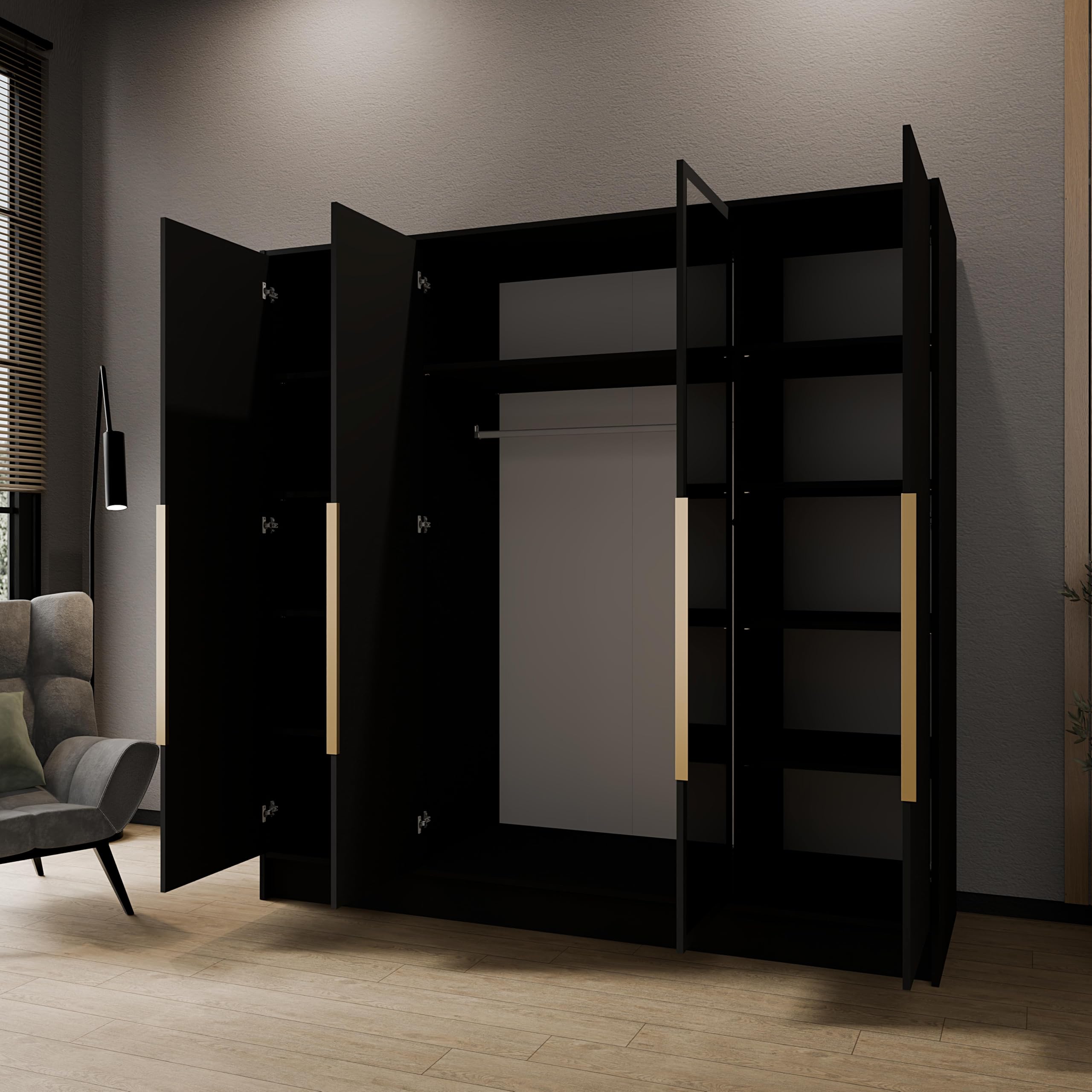 Drehtürenschrank Goya Kleiderschrank, Spiegel, Griffen, Push-to-Open Tip-ON, großer Stauraum, Regale, Glatte Türen (schwarz, goldene Griffe, mit Spiegel, 200 cm)