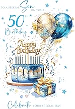 Cherry Orchard | Son 50th Birthday Card | Stylish Gold & Blue cake & Balloons | Card for Son 50th Birthday | Vibrant Blue Foil Font | Luxury Insert