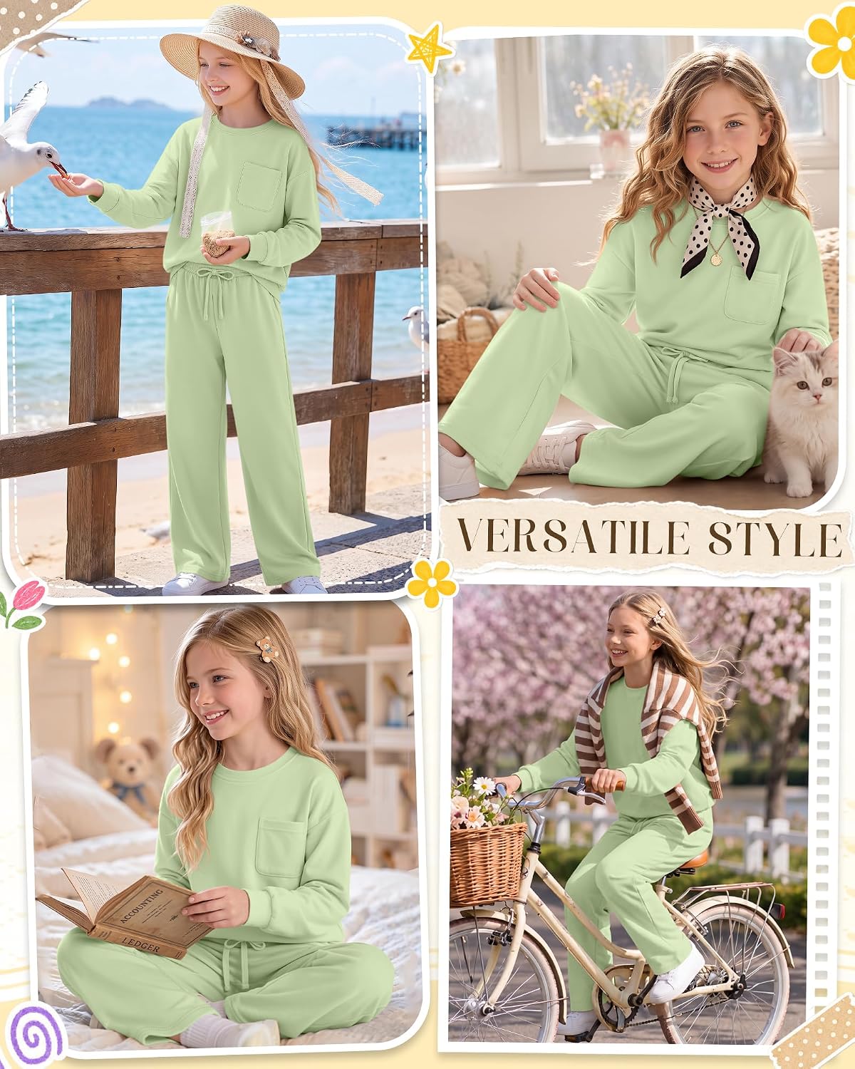 2 Piece Girls Outfits Back To School,Light Green,7-8 Years