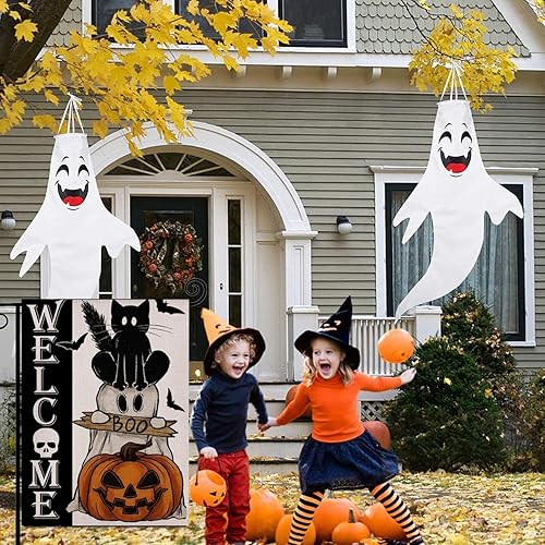 Miniatura 4 de Bandera de bienvenida de Halloween para jardín, floral, de doble cara, vertical, rústica, granja, patio, decoración de temporada al aire libre, 12 x