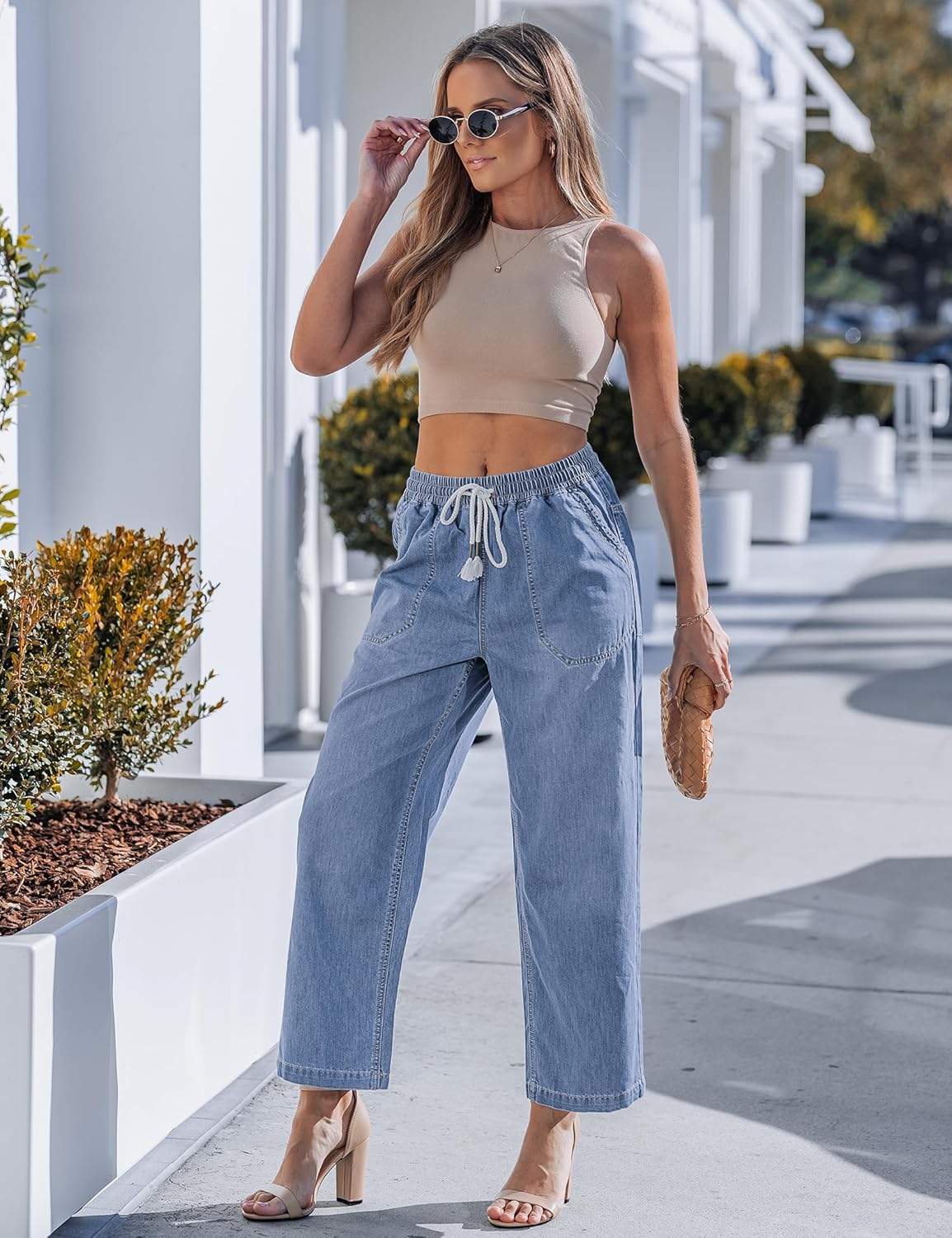 luvamia Wide Leg Jeans for Women Trendy High Waisted Pull On Elastic Waist Drawstring Ankle Length Denim Trouser Pants - Image 4