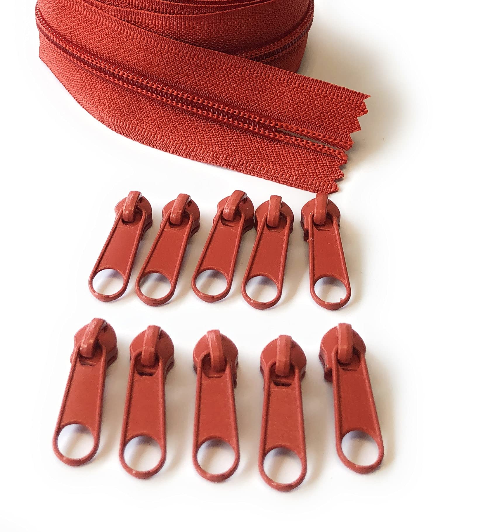 ADS Zipper Continuous Nylon No.5 Zip with Sliders #5 Chain Zipper on Roll with 10 Pullers (Red - Brick, 196.8" - 5 metre)