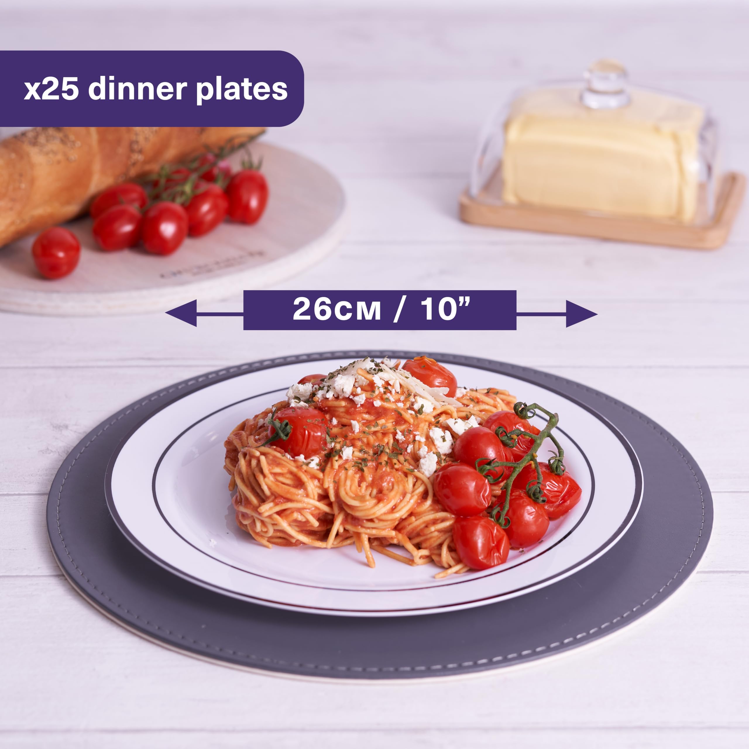 MATANA 25 Premium White Plastic Dinner Plates with Black Rim, 26cm / 10 Inch - Elegant & Reusable Party Plates for Weddings, Birthdays, Picnic, BBQ, Parties - Image 2