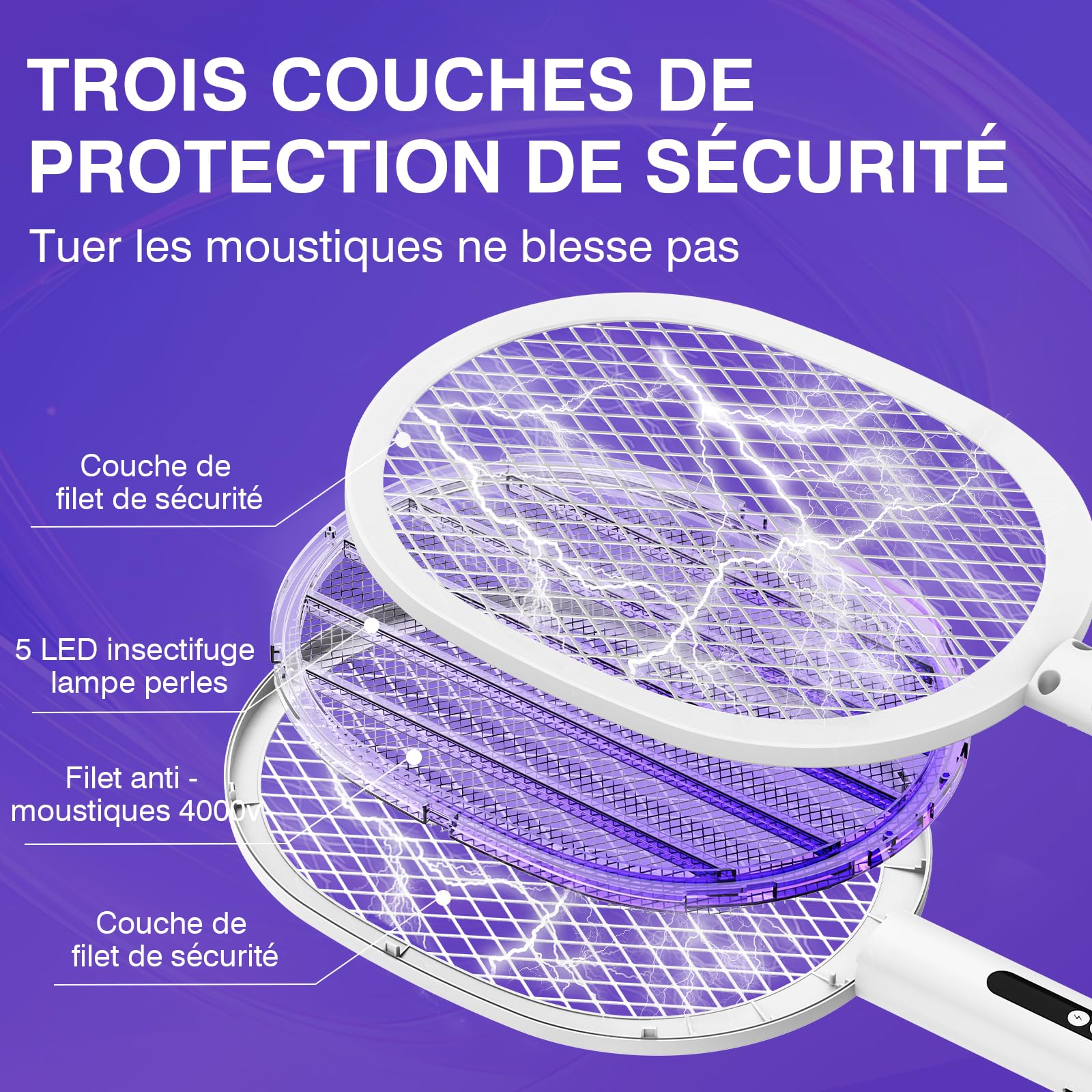 PALONE Raquette Electrique Insectes 1800mAH Chargement, Raquette Moustique Electrique Type-C Amovible, Répulsif Électronique Anti Moustiques et intenses, pour Intérieur et Extérieur (Blanc,1PC)