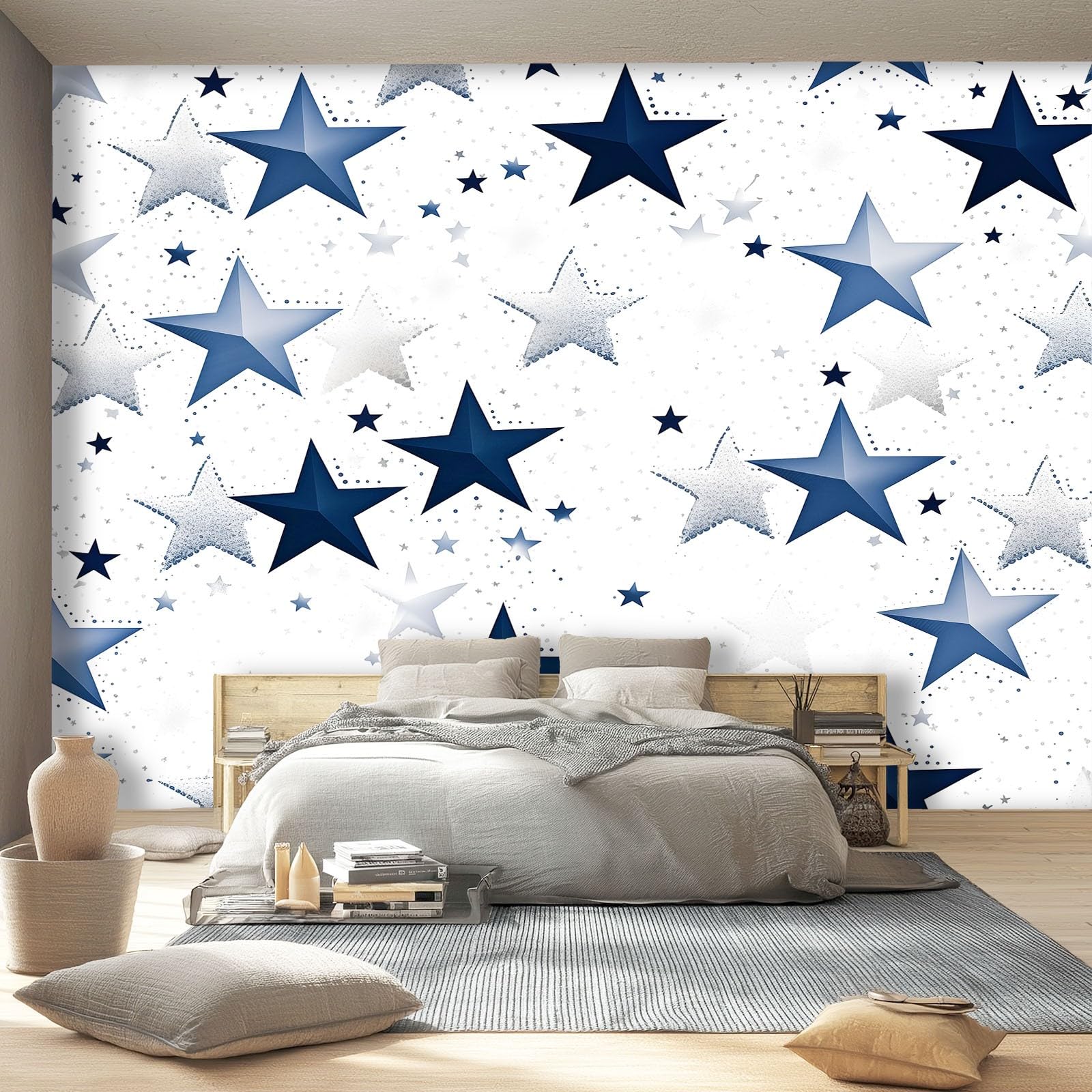 Tapeta minimalistyczna pięcioramienna gwiazda 200 x 140 cm, plakat ze zdjęciami tapeta ścienna dekoracja ścienna salon sypialnia pokój dziecięcy, granatowy srebrny
