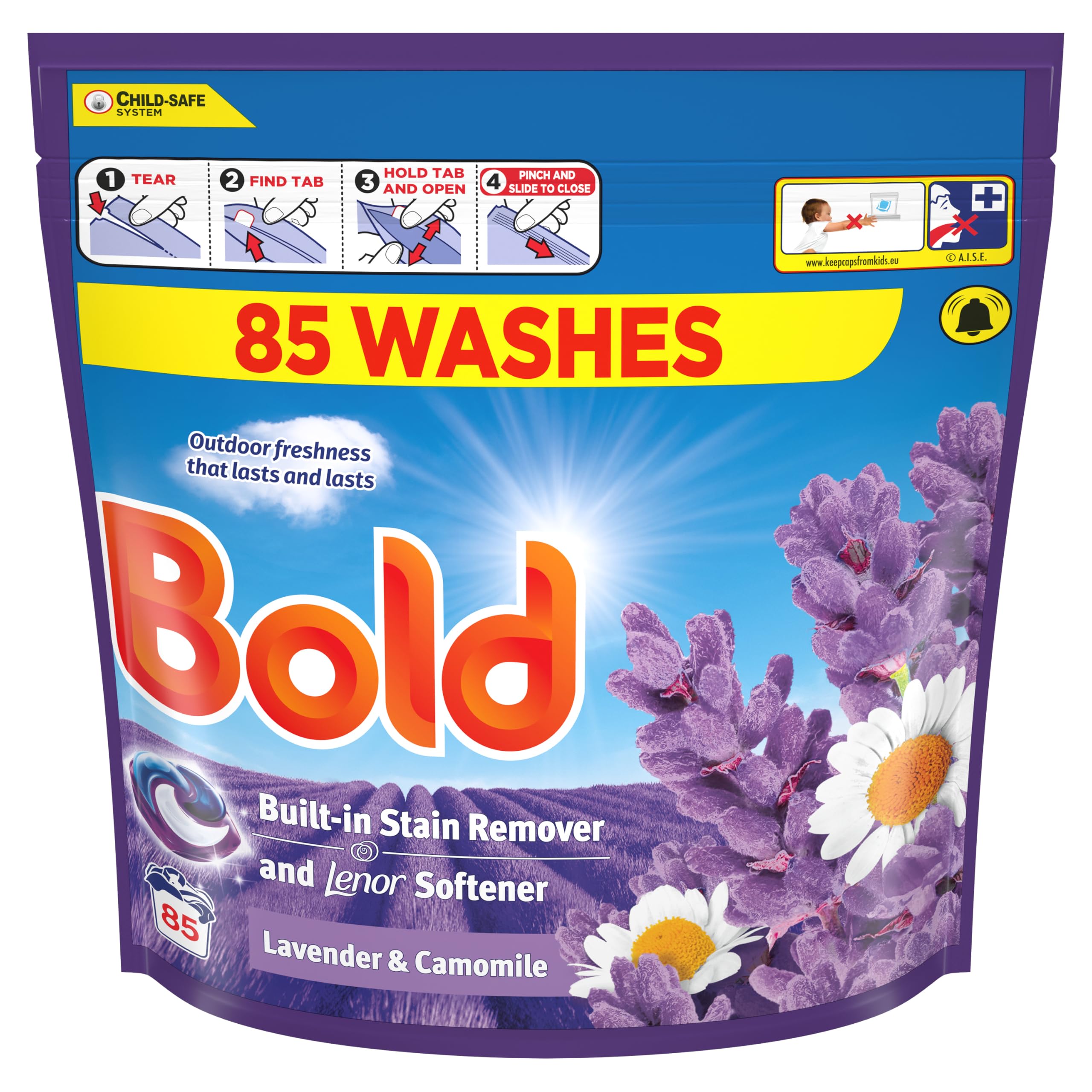 Bold Lavender and Camomile PODS® Washing Liquid Laundry Detergent Capsules 85 Washes, 85ct, Outdoor Freshness that Lasts and Lasts, with Built-in Lenor Softener