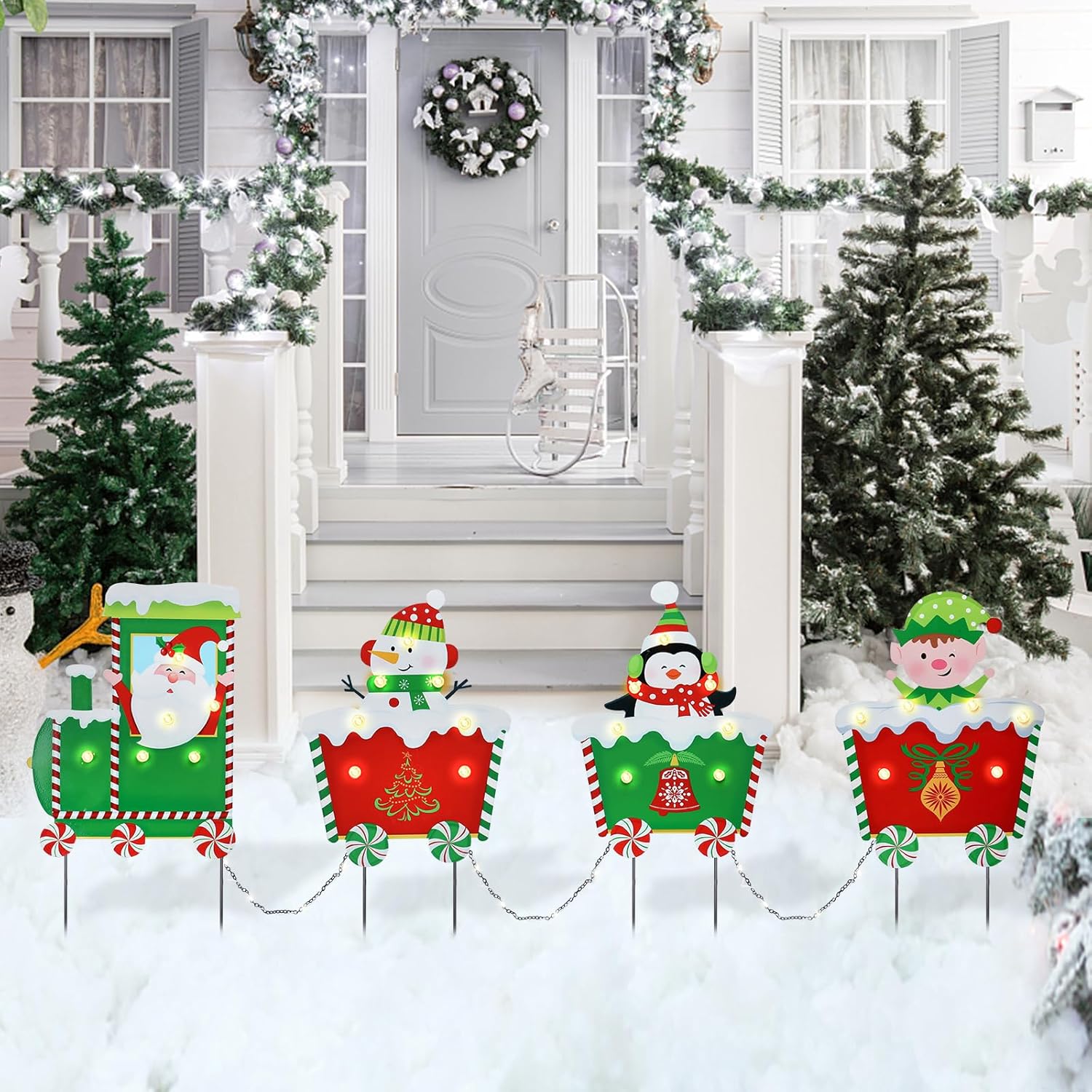 Christmas Yard Sign Outdoor Decorations with LED Lights Christmas Train Santa Claus Snowman Penguin Elf Yard Sign with Metal Stakes for Xmas Holiday Party Lawn Sign Garden Decor Xmas Yard Signs