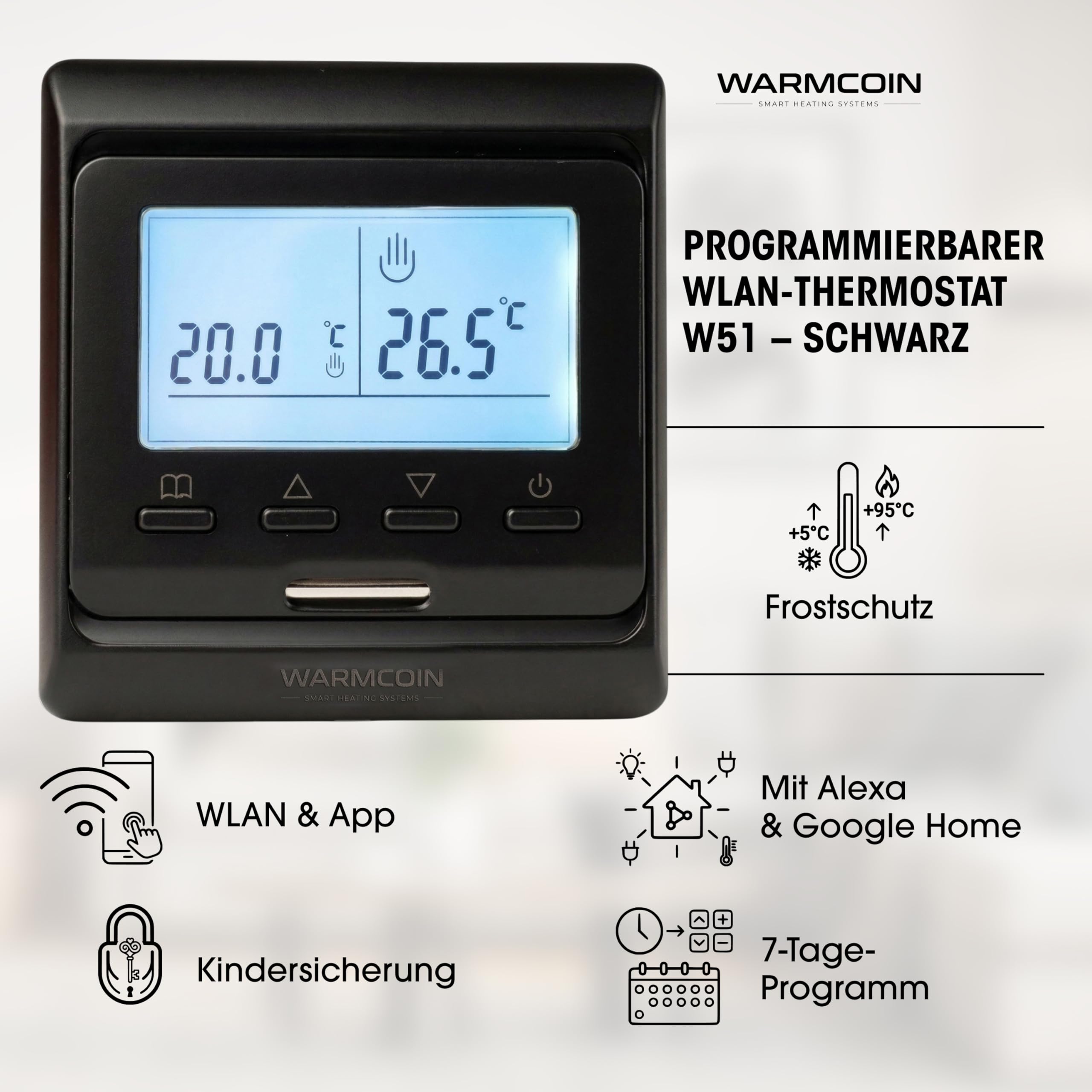 Kit Completo Riscaldamento a Pavimento Elettrico 160W/m² – Stuoia Autoadesiva 9,0 m² (0,5x18m) – Per Piastrelle, Laminato e Parquet – Con Termostato WiFi W51 Nero